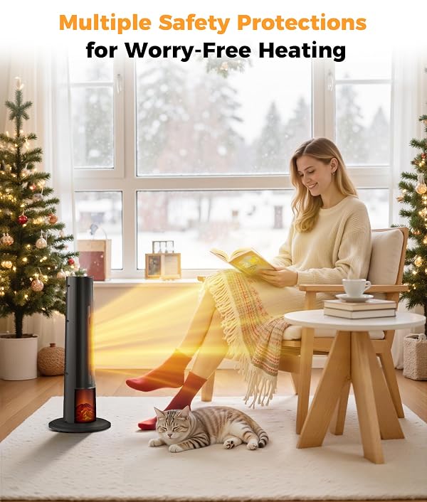 Oylus Space Heater for Indoor Use - 25" Tower Portable Heater with 3D Flame, Remote, Adjustable Thermostat, 2 Heat Modes, Multiple Safety Protection, 12H Timer, Quiet Electric Heater for Large Room by OYLUS - Image 8