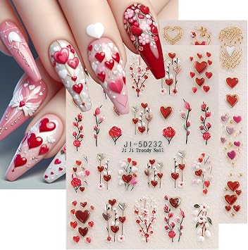 Valentines Day Nail Art Sticker for Nail Art 5D Embossed Love Heart Nail Stickers Gold Red Heart with Flower Rose Romantic Holiday Nail Art Supplies Cute Nail Decals for Women Manicure Accessories