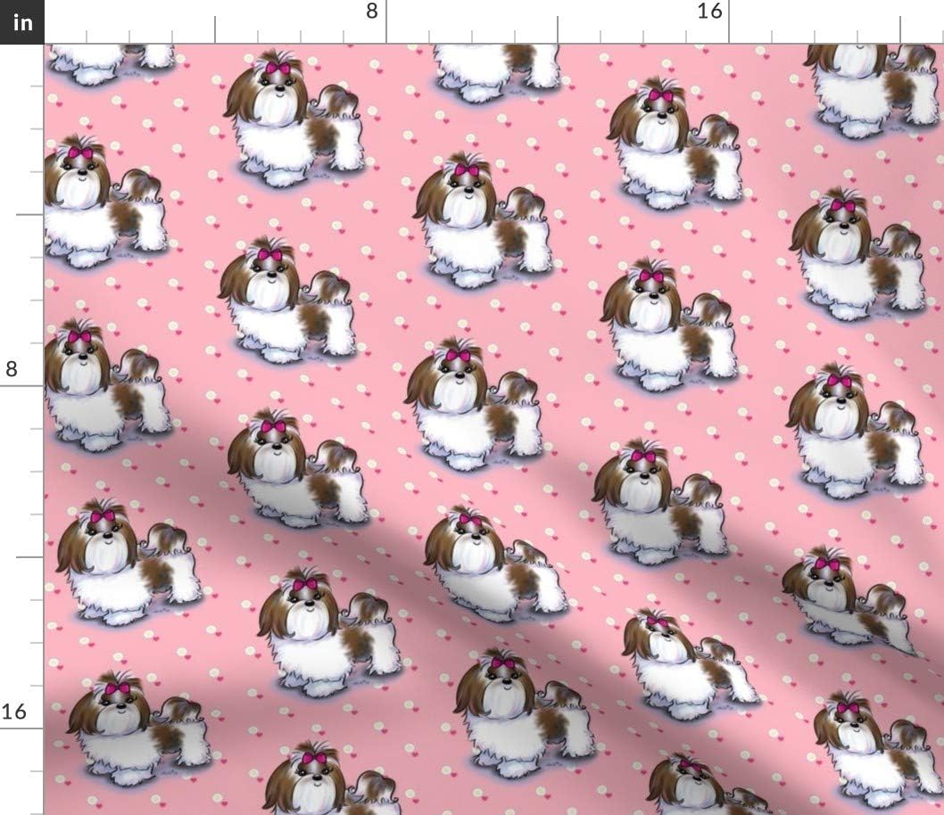 Spoonflower Fabric - Shih Tzu Pink Flowers Dog Puppy Breed Dots Printed on Petal Signature Cotton Fabric by The Yard - Sewing Quilting Apparel Crafts Decor