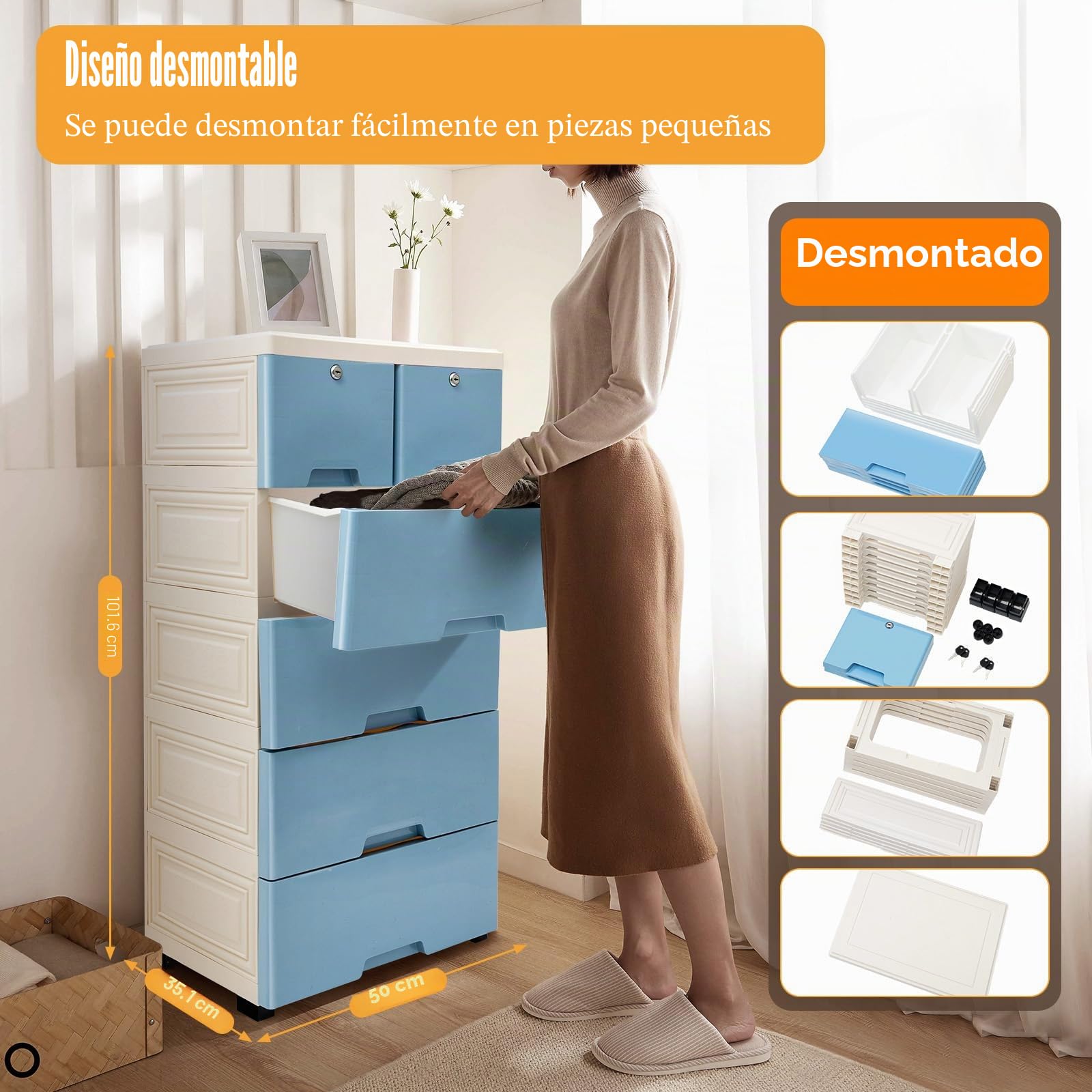 Cajonera de plástico con 6 cajones, apilable, organizador con cerradura, unidad independiente para el hogar, oficina, dormitorio, baño (azul)