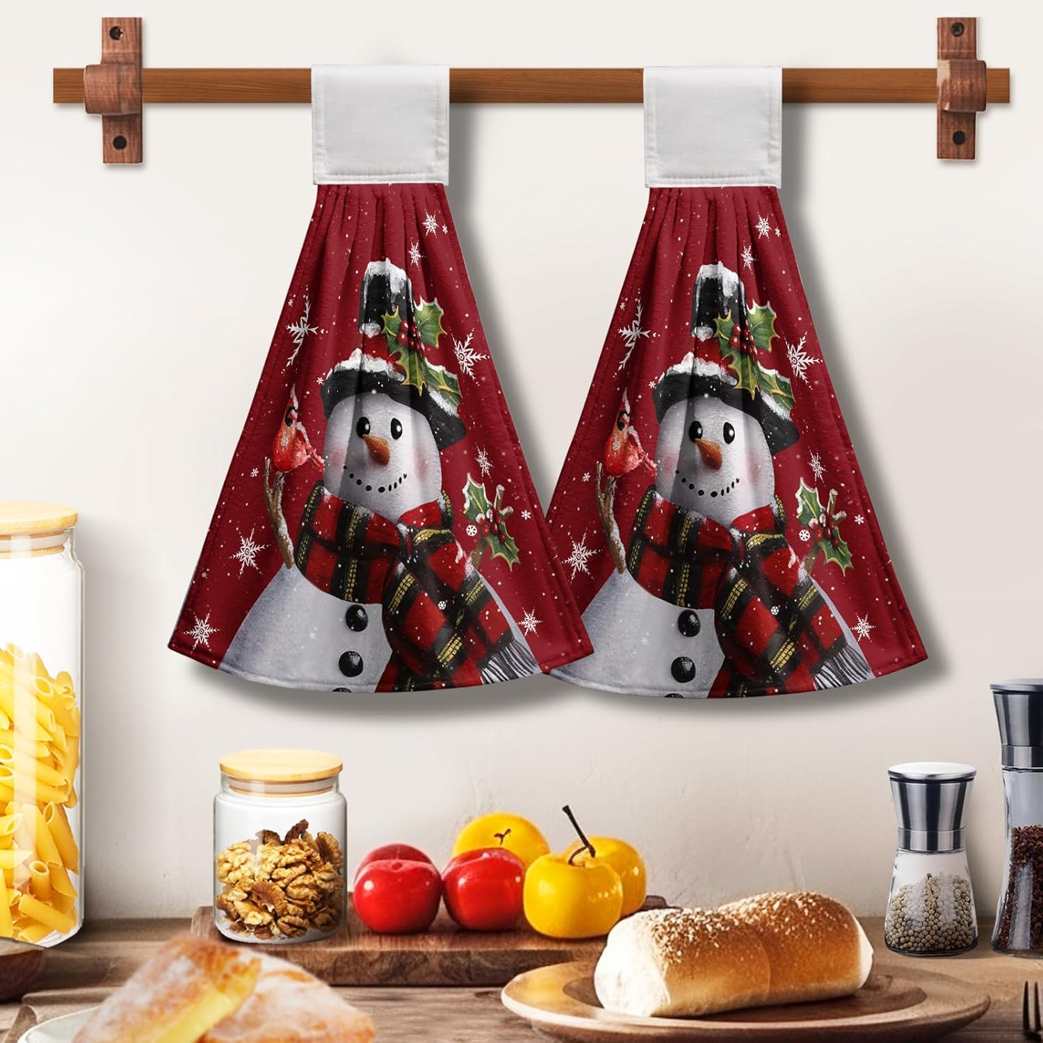Snowman Xmas Hanging Kitchen Towels Winter Holiday Dish Towel with Hanging Loops Christma Hand Tie Towels Soft Absorbent for Bathroom Home Tabletop Decor 12x17 Inch Set of 2 - Image 7