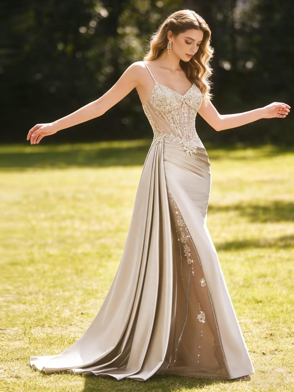 Rjer V Neck Mermaid Satin Prom Dresses 2025 Lace Appliques Corset Formal Evening Gowns with Train - Image 3