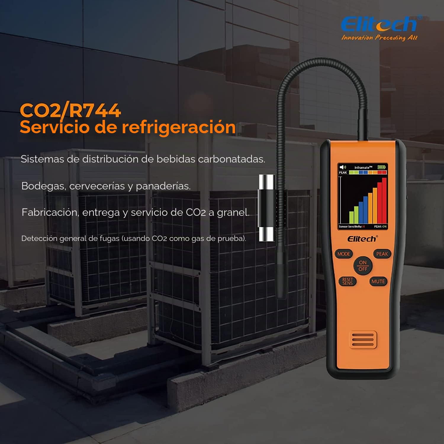 Elitech Detector De Refrigerante De R744 CO₂ Infrarrojo - Monitor Portátil De Dióxido De Carbono De Alta Precisión para Sistemas HVAC con Alarma