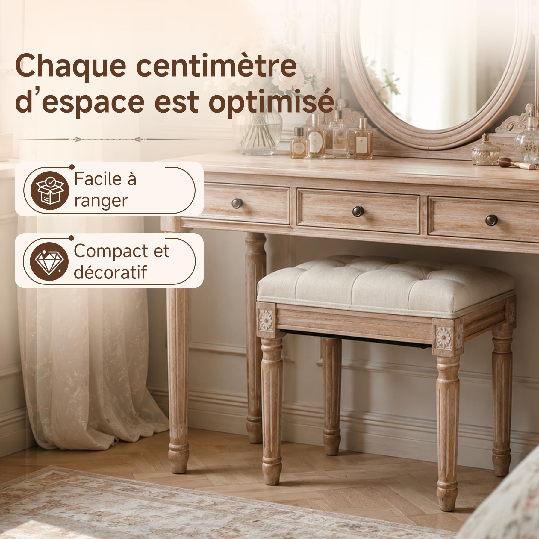 Tabouret Coiffeuse avec Tissu Lin et Pieds en Bois, Banc d’entrée