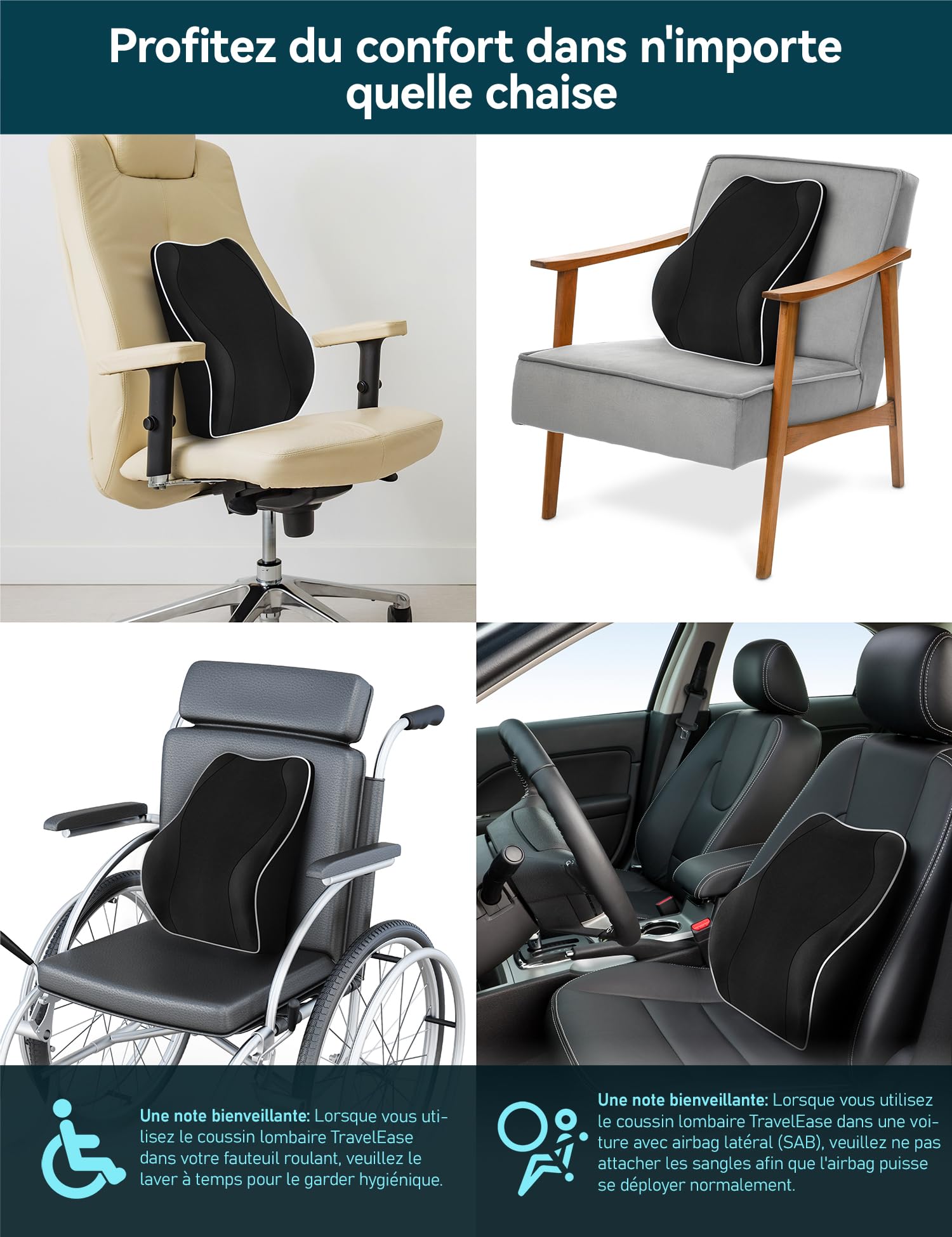 Travel Ease Coussin de Soutien Lombaire Ergonomique, Support Dorsal en Mousse à Mémoire pour Siège de Voiture Chaise de Bureau, Dossier avec Revêtement Antistatique et Double Sangles Réglables, Noir