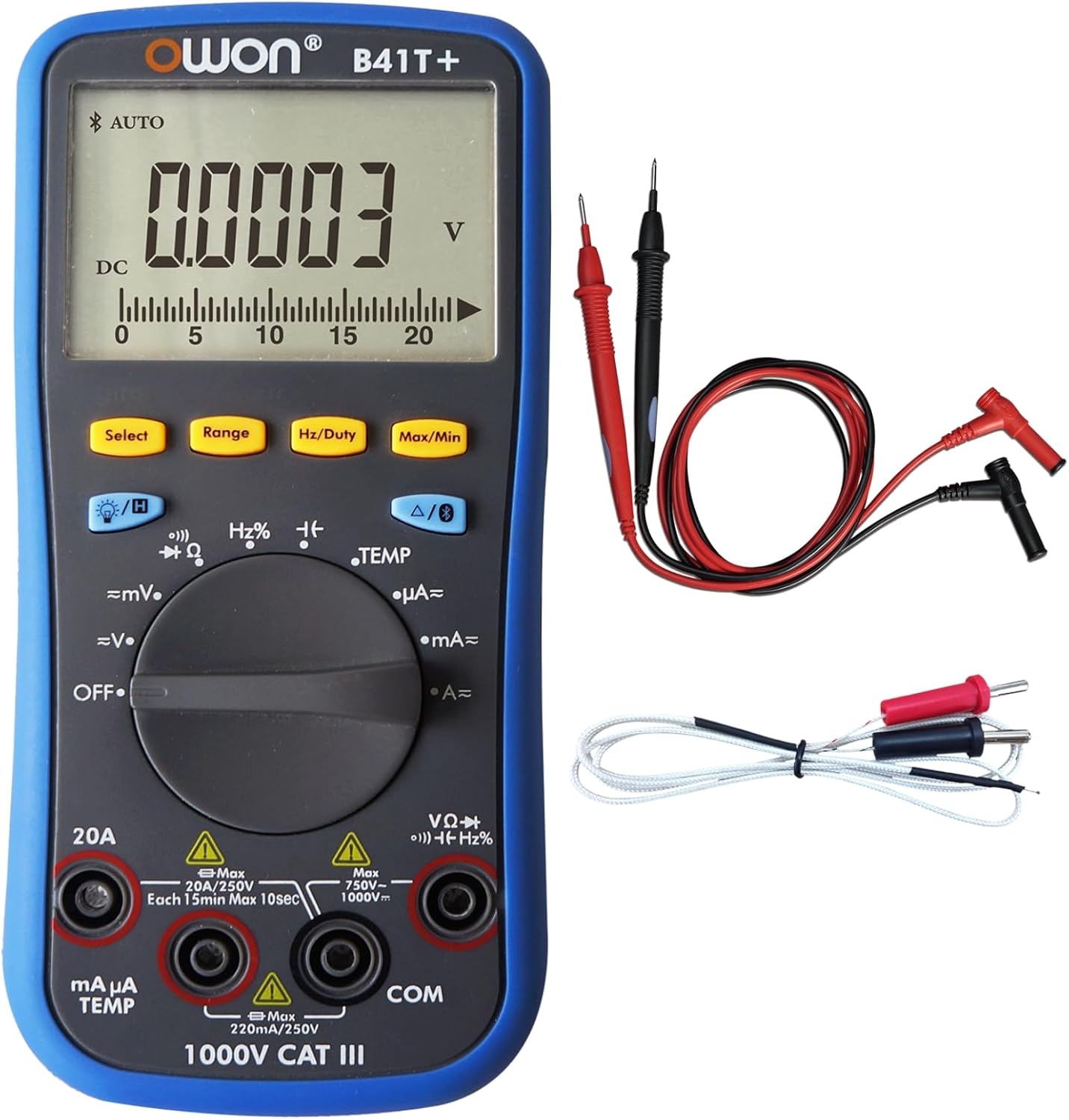 Фронт view of the OWON B41T+ Digital Multimeter showing the display, function dial, and buttons