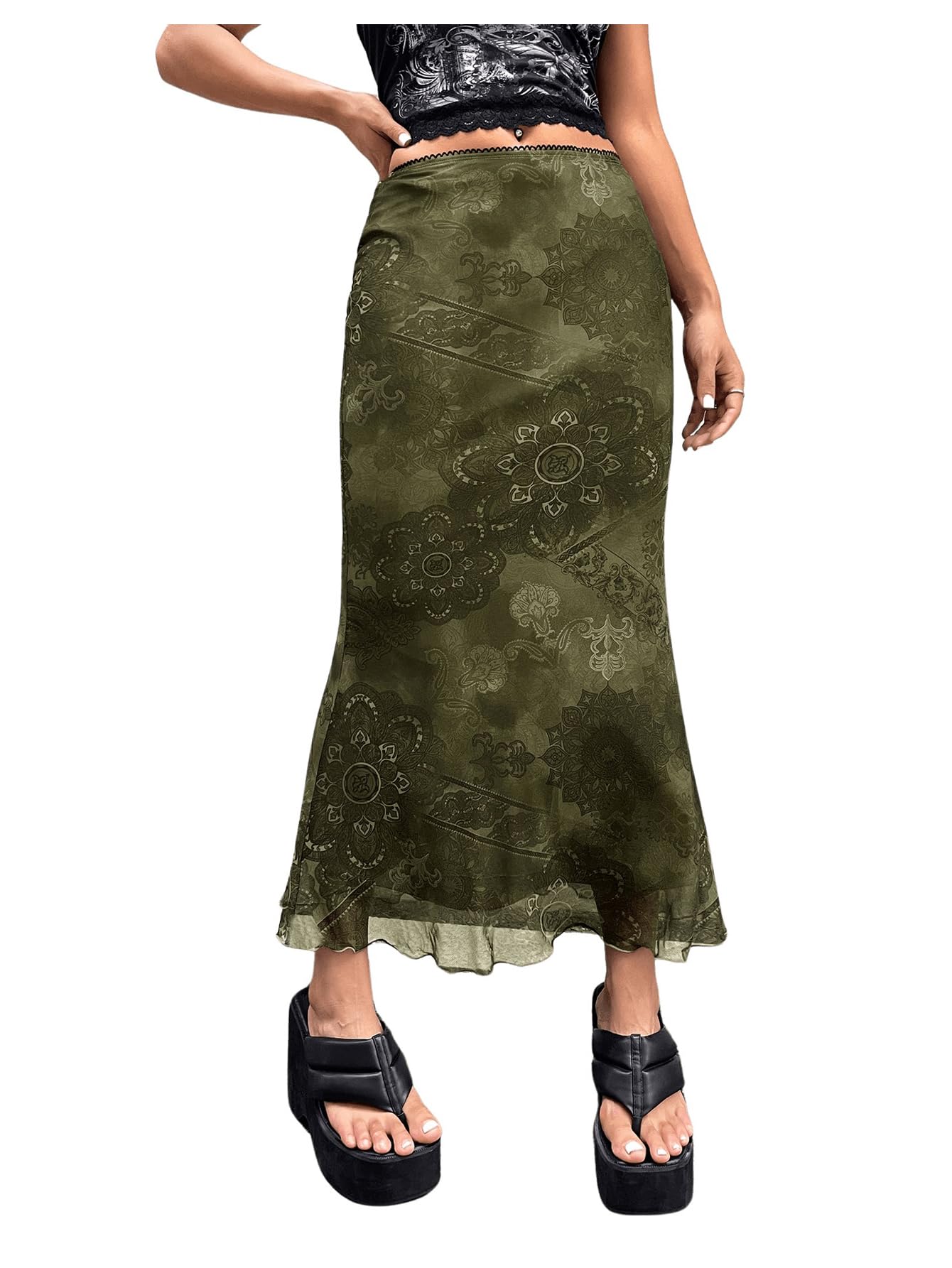 Verdusa Womens High Waisted Mesh Skirt Y2k Outfits Fishtail Bodycon Long Skirts Goth Clothes