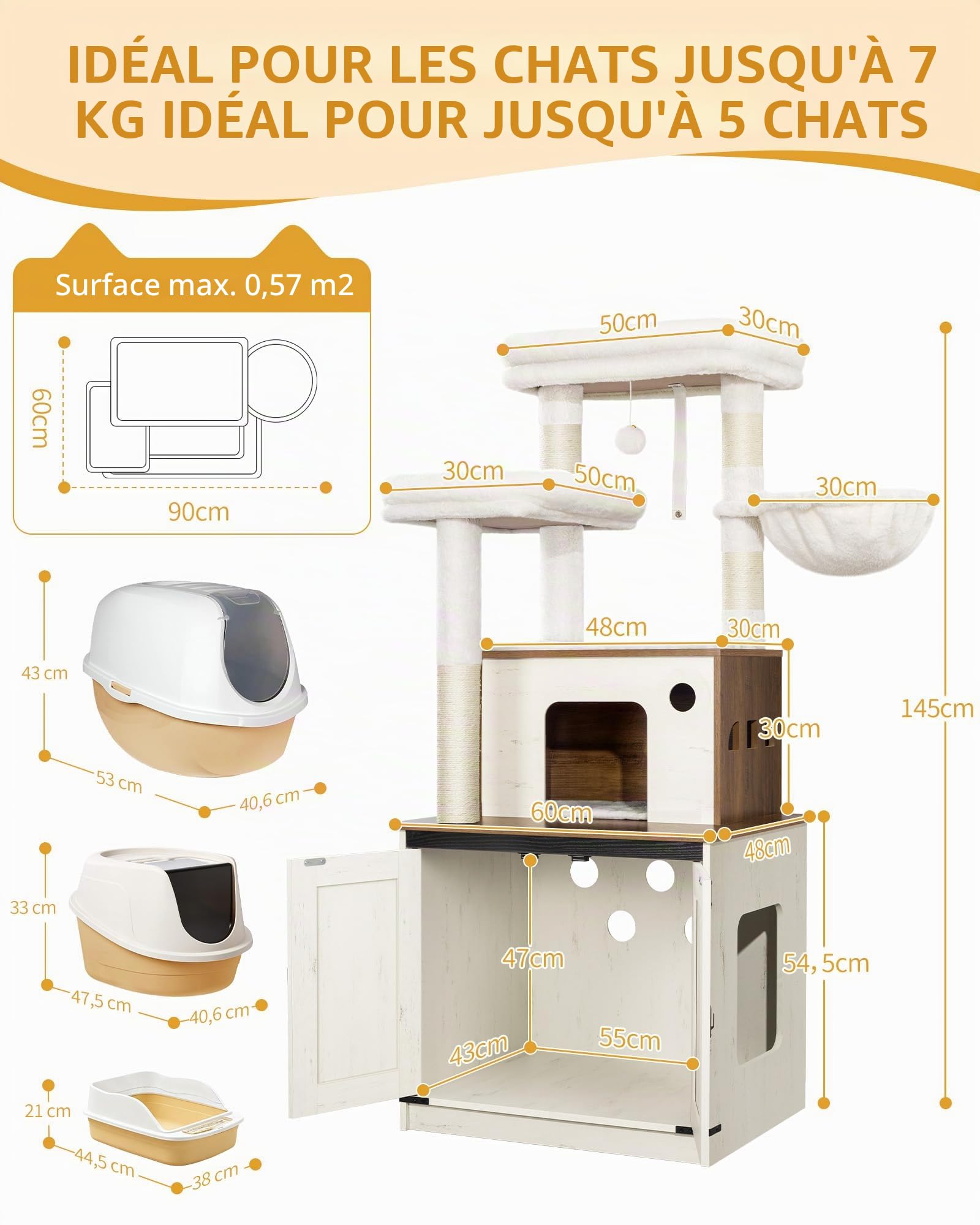 Hzuaneri Arbre à Chat avec Meuble Litiere Chat, 150cm Haut, Marron et Blanc | Coussin Lavable, Deux Grandes Plateformes, Poteau Sisal, Panier pour Chat, Maison pour Chat, Balles Peluche, CB89214WT