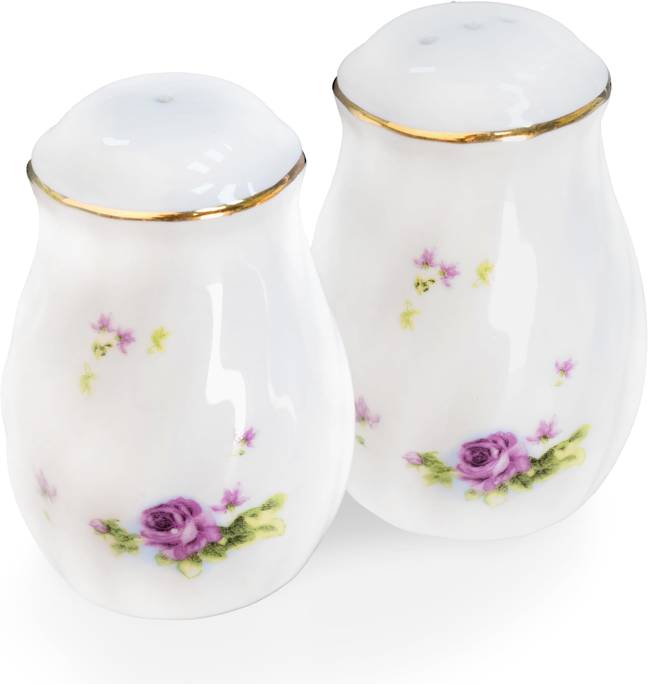 Lynns Paradise Lucinda Floral Salt and Pepper Shakers, Purple with 24K Gold, Porcelain - Set of 2, Elegant White and Gold Salt and Pepper Shakers, Perfect Floral Salt and Pepper Shaker Set