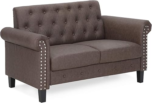 Furinno Bastia - Sofá de dos plazas estilo vintage y moderno Chesterfield con botones para sala de estar, piel sintética color marrón