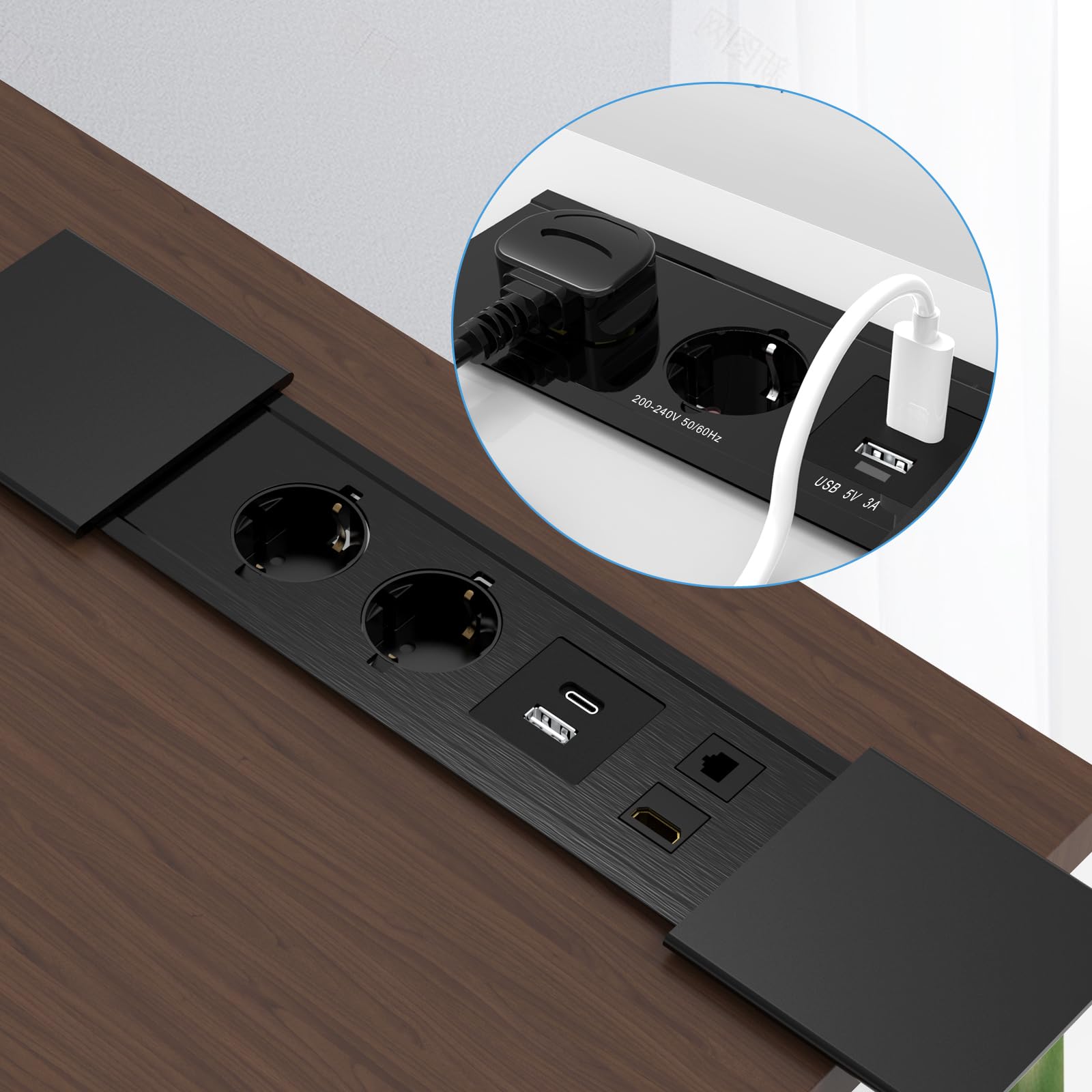 Enchufe de escritorio con cubierta deslizante, enchufe empotrado con 2 enchufes, 1 USB, 1 tipo C, interfaz de red HDMI TD, regleta eléctrica de aluminio para escritorio de oficina, cocina