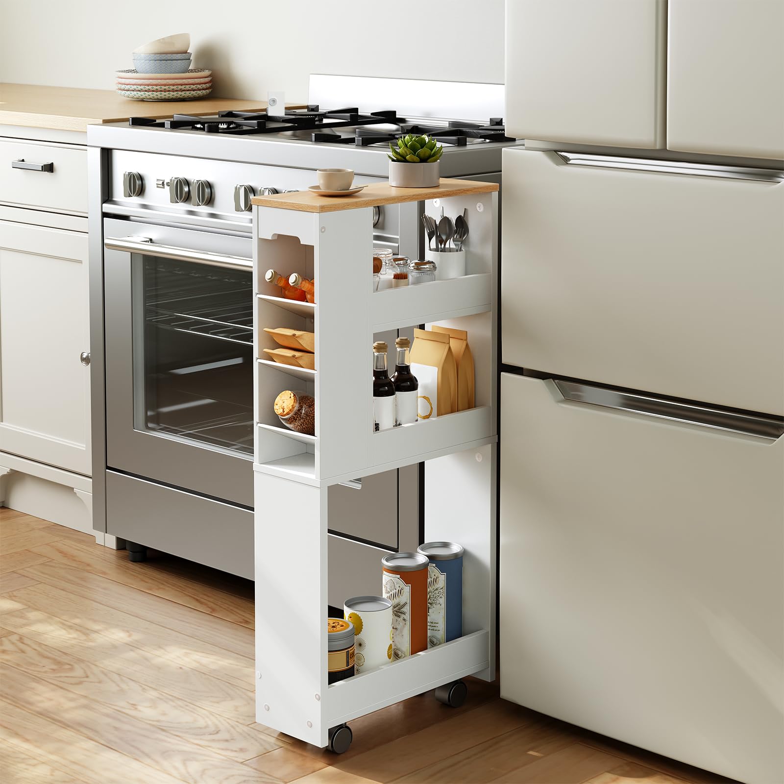 HOOBRO Carro Estrecho de 4 Niveles, 40 x 15 x 85,5 cm, con 4 Ruedas Giratorias Bloqueables, para Espacio Pequeño, Cocina, Baño, Sala de Estar, Blanco y Natural EWN84TC01