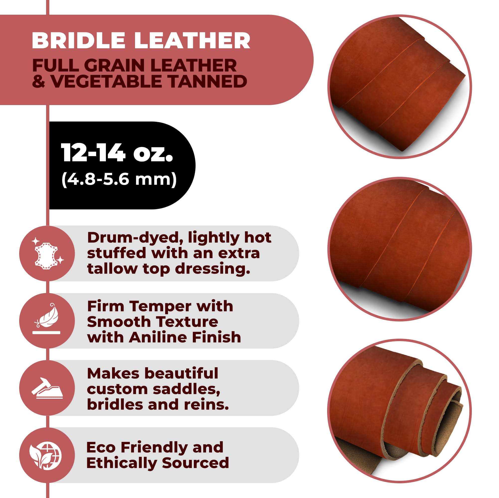 ELW 12-14 oz (4.8-5.6 mm) Bridle Veg Tan Leather Pieces Cowhide |Chestnut 1-2 SQ FT| Tooling Thick Leather Material Sheets Belts, Straps,Sheath, Holster, Saddle, Remnants, Scraps, Shapes