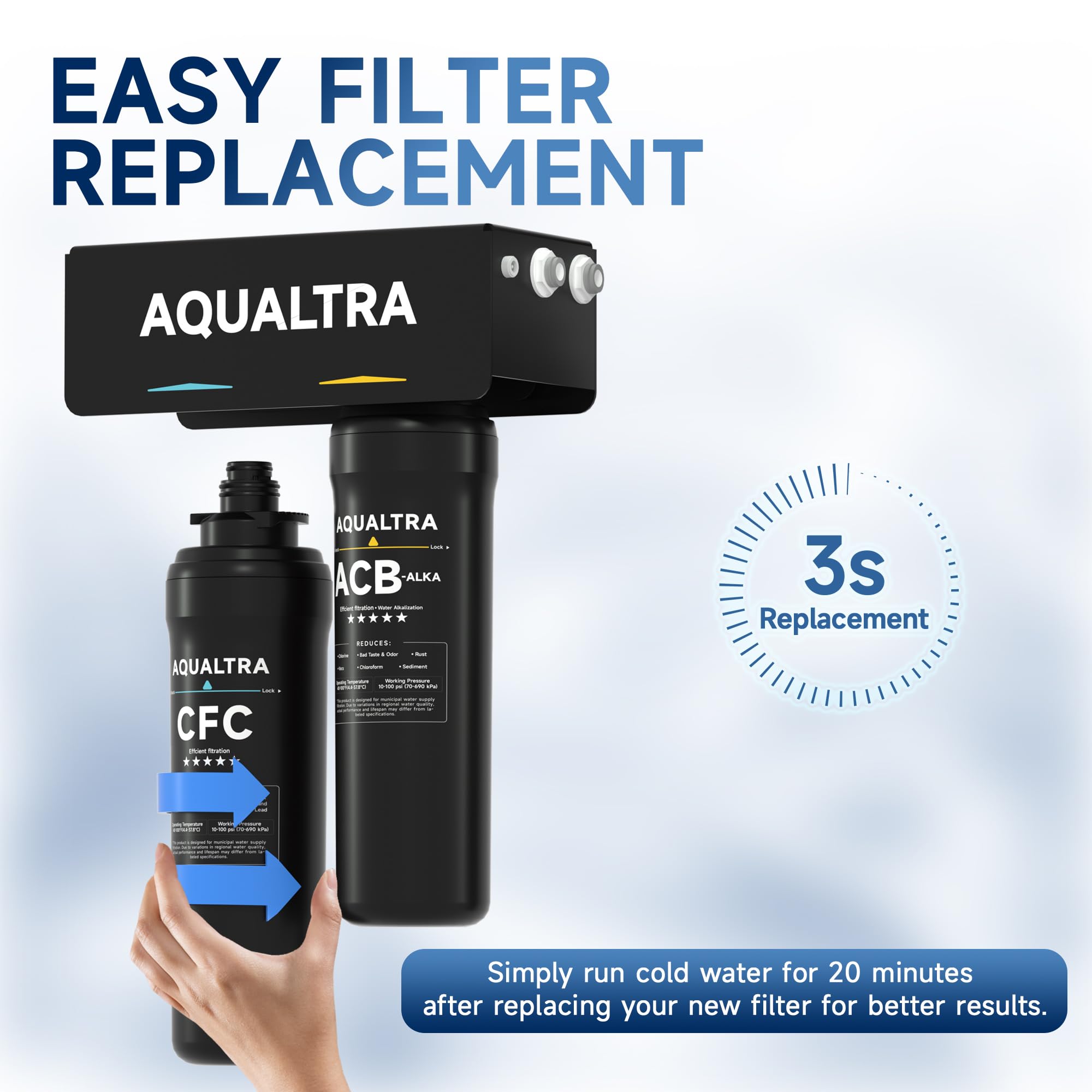 AQUALTRA Kit de 2 filtres CFC et ACB-ALKA pour système de filtration d'eau sous évier USF-2B-10 / USF-2F-10 / USF-3B-10 / USF-3F-10, pack de 2 filtres : 1 CFC + 1 ACB-ALKA