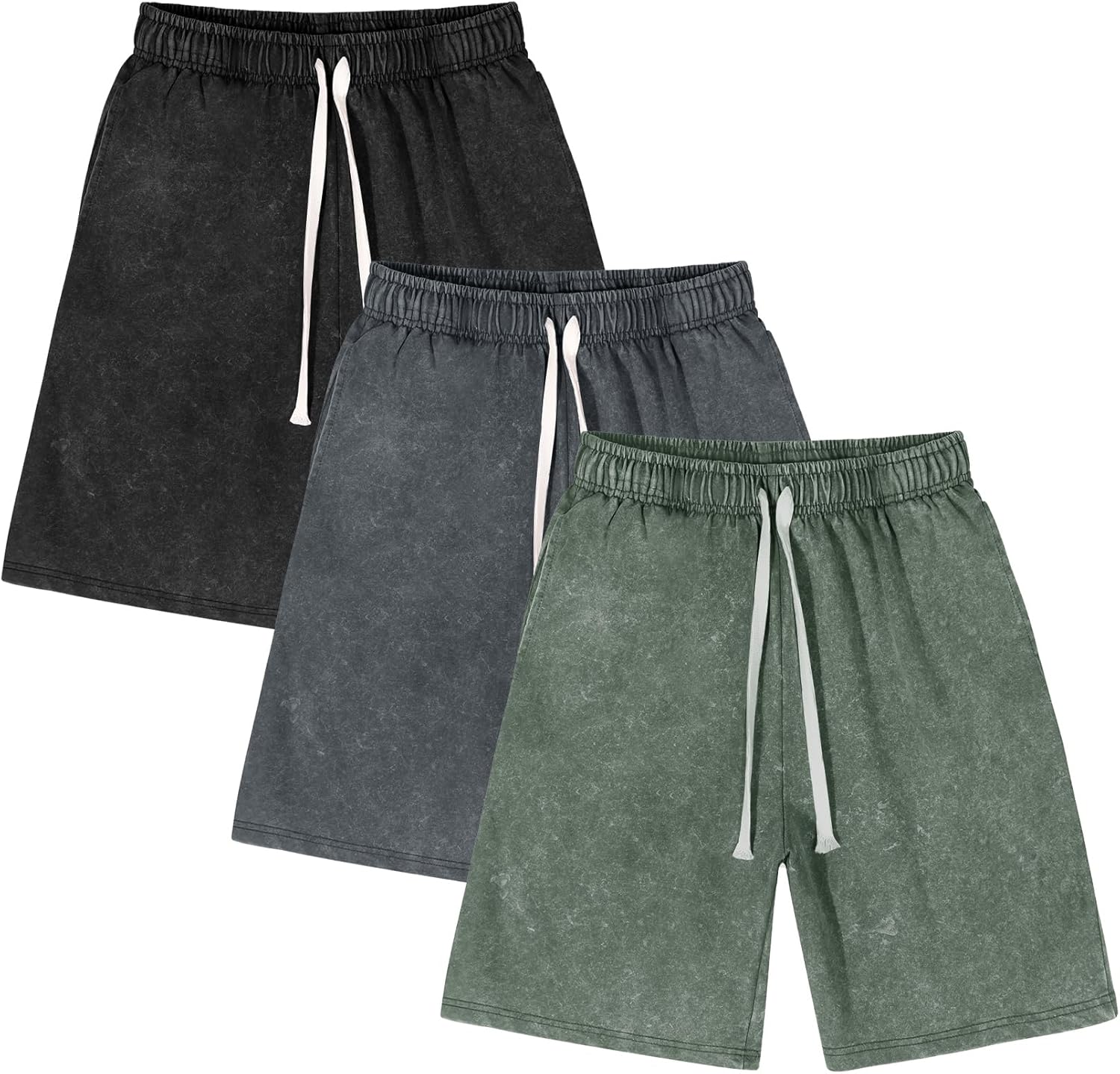 Flygo Men's 3 Pack Athletic Sweat Shorts Acid Washed Cotton Elastic Waist Drawstring Gym Workout Jogger Pants with Pockets
