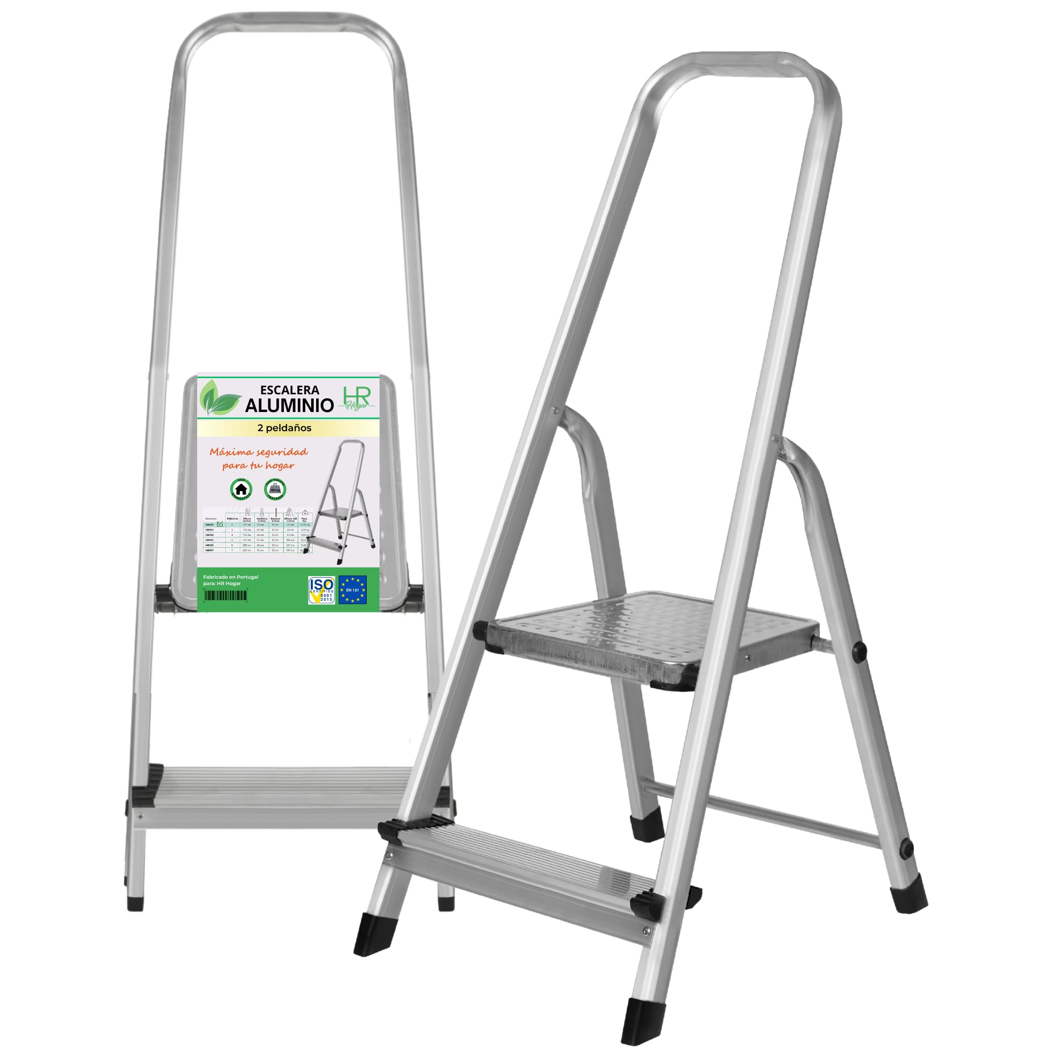 Escalera Plegable 2 Peldaños de Aluminio Homologada - Fabricada en Europa - Antideslizante, Resistente y Segura - Carga máx. 150 kg, Altura útil: 35 cm