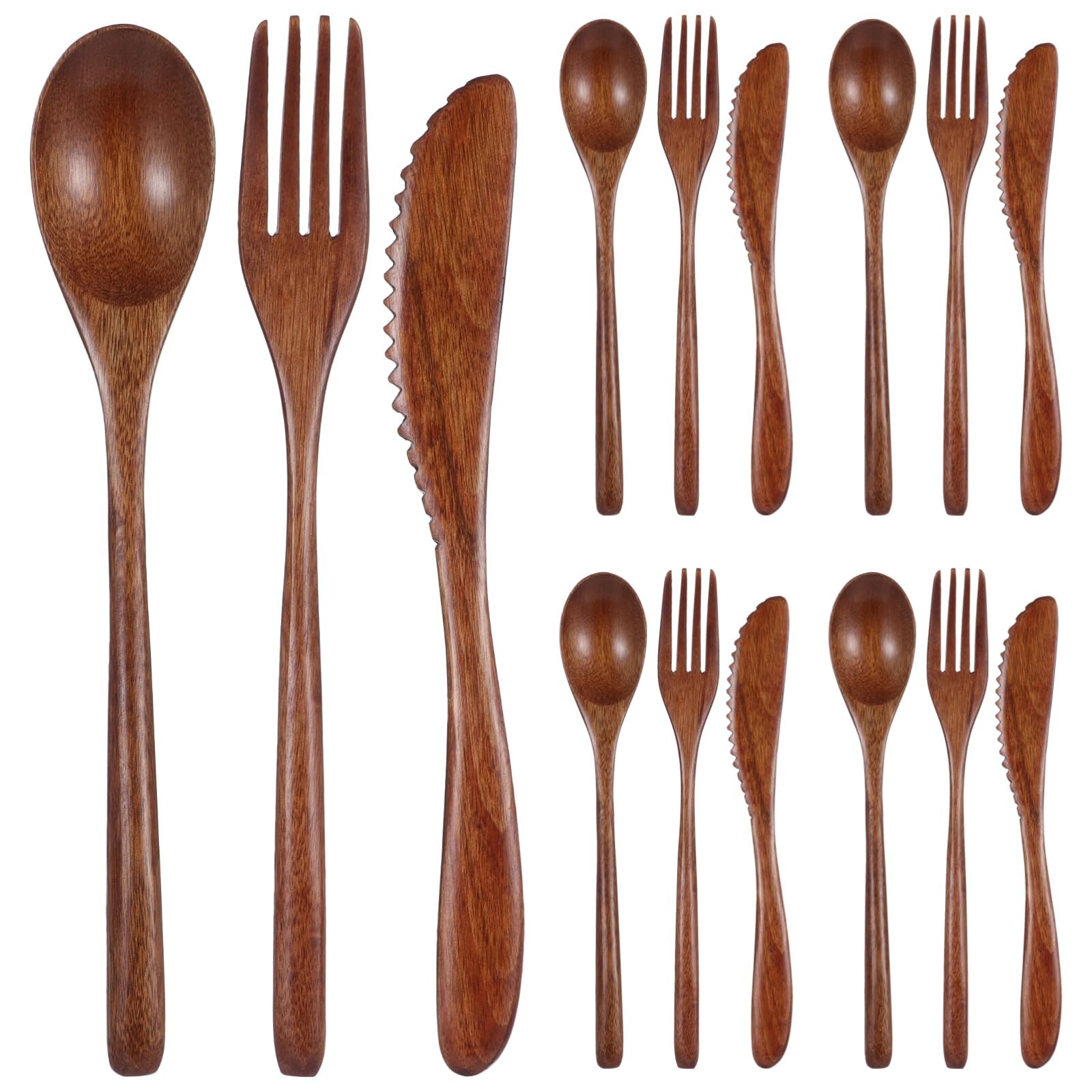 24-teiliges Holzbesteck-Set zum Essen mit Holzlöffel, Gabel und Messer, 22,5 cm lange Griffe, tragbares, leichtes Tischbesteck aus Phoebe-Nanmu-Holz, wiederverwendbar für Camping und Picknick