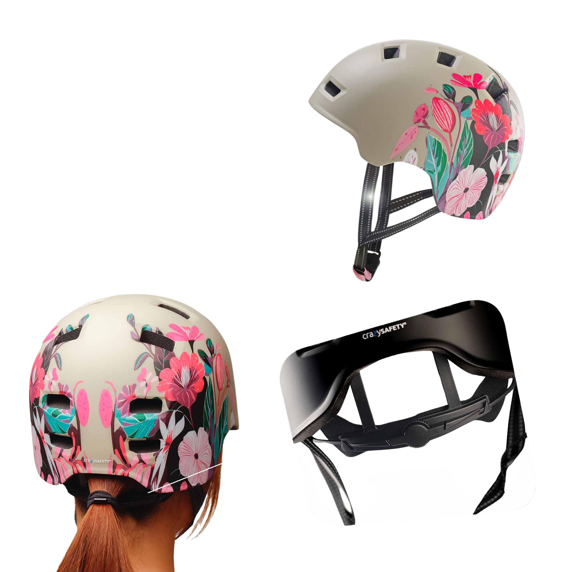 Crazy Safety Rampage Fleur Grise | Casque pour vélo, Skateboard, Rollers et BMX | Casque de vélo pour Hommes, Femmes et Enfants | L (57-61cm) | Casque Ajustable pour skateurs et Cyclistes