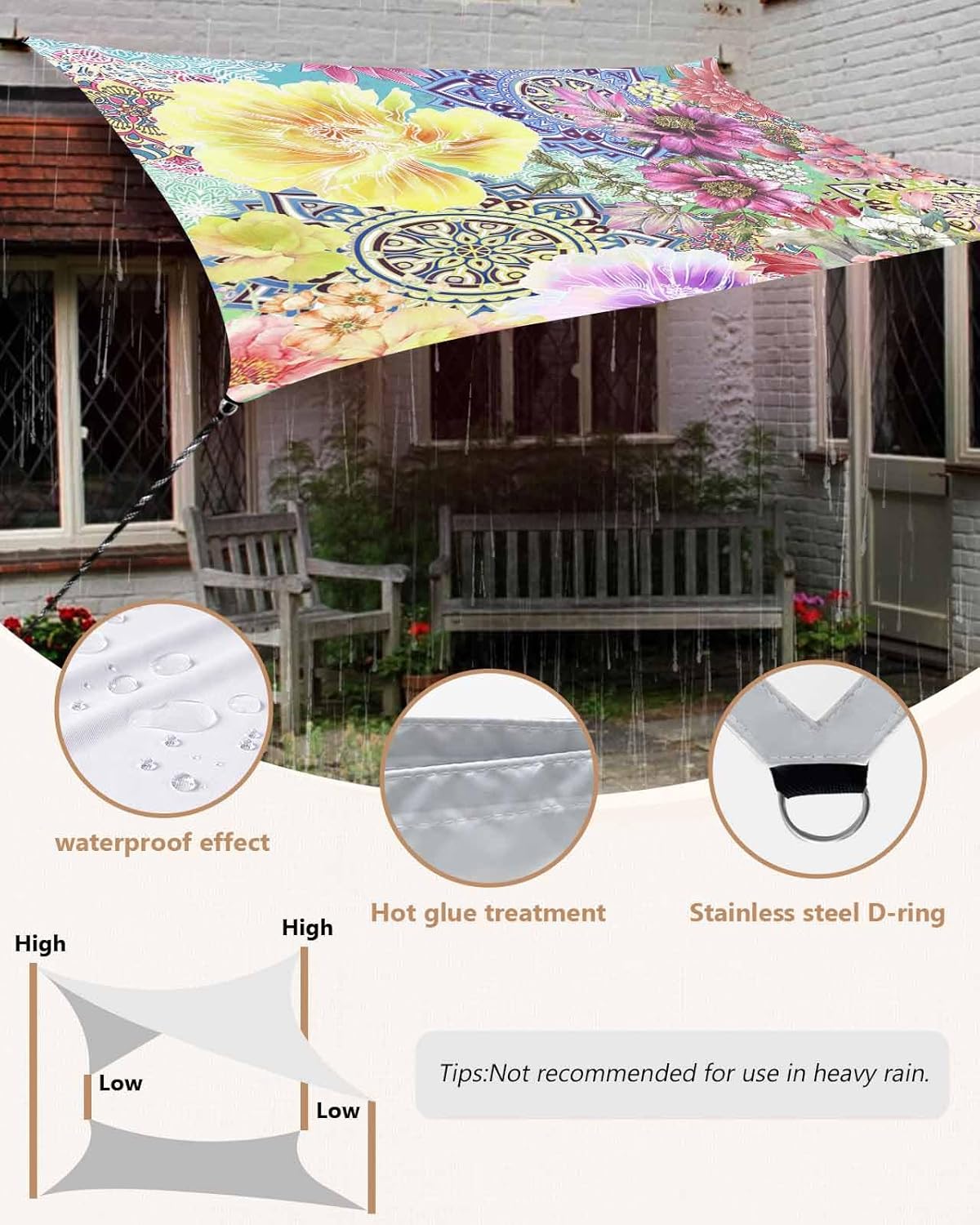 Sun Shade Sail 8'x10' Boho Floral Sun Shade Sails Canopy Waterproof Bright Flowers Blossom Bohemian Mandala Outdoor Sunshades Sand UV Block Cover Shade Cloth for Patio Yard Garden Deck Lawn