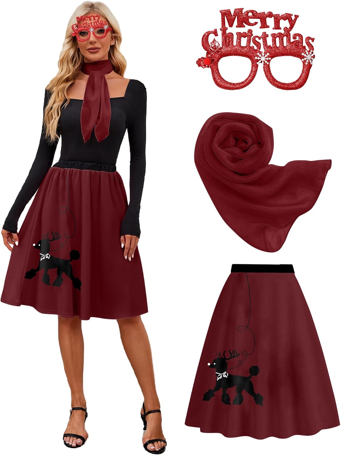 APRROOT Women's 50s Poodle Skirts Outfits 2026 Adult Halloween Costumes with Scarf Glasses Vintage Skirts 3 Pcs Set