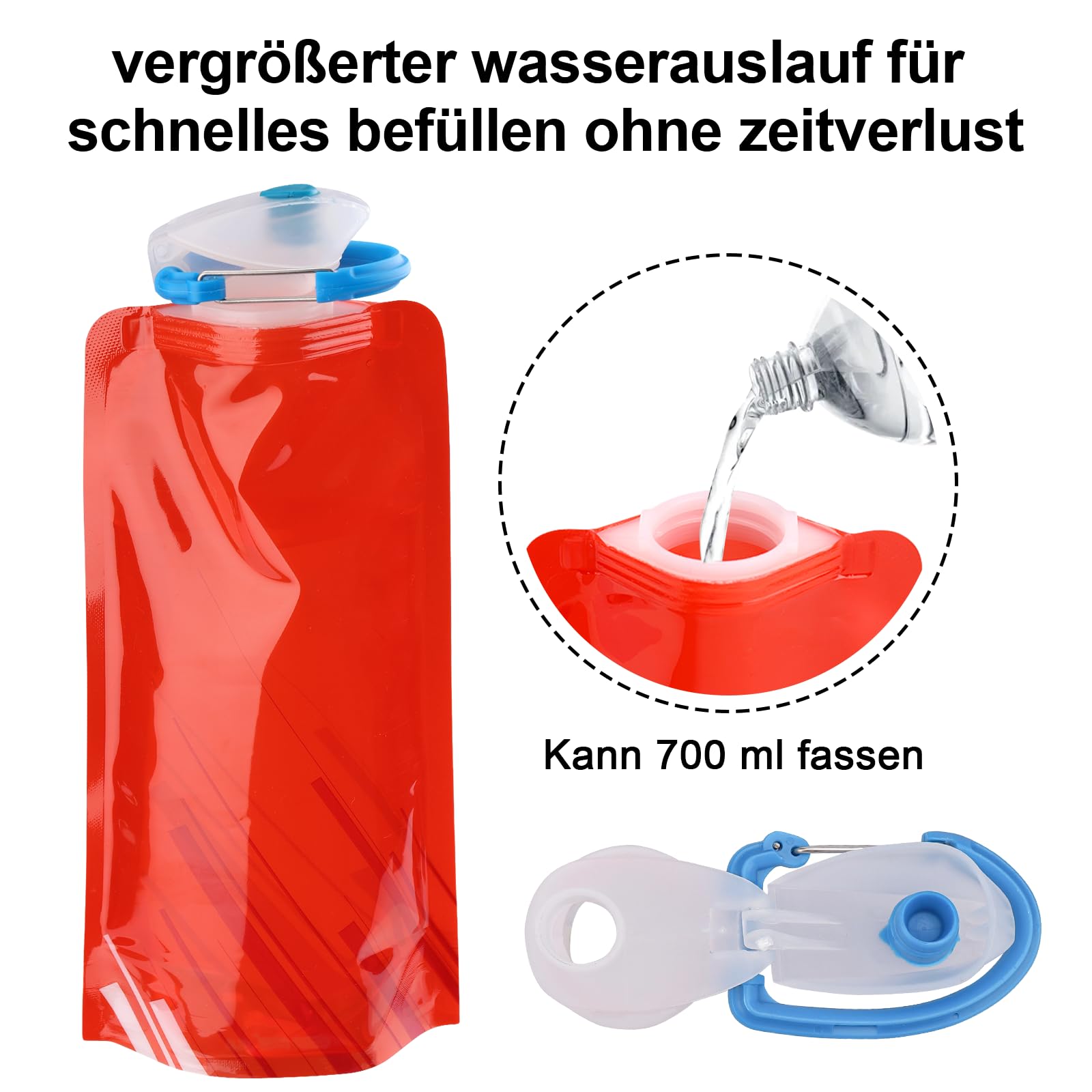 LEMONSTONE Zestaw 3 składanych butelek na wodę o pojemności 700 ml, wielokrotnego użytku, bez BPA, z klipsem, do wędrówek, przygód, podróży, kolor czarny, niebieski, czerwony