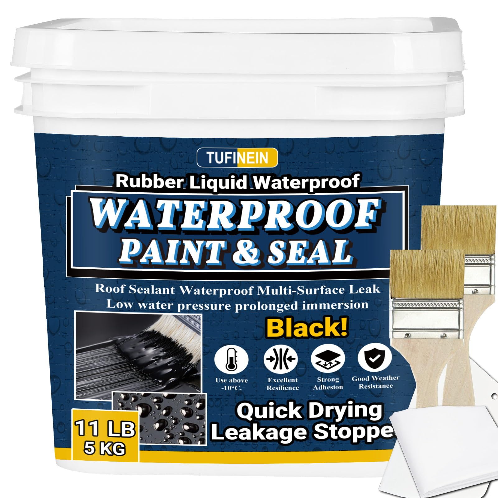 Photo 1 of Rubber Liquid Waterproof Sealant, TUFINEIN 11 LB/5 KG Black Quick Drying Multi Surface Foundation Leak Repair - Roof Gutters Basement Sealer Waterproof - Indoor & Outdoor Flexible Rubber Paint