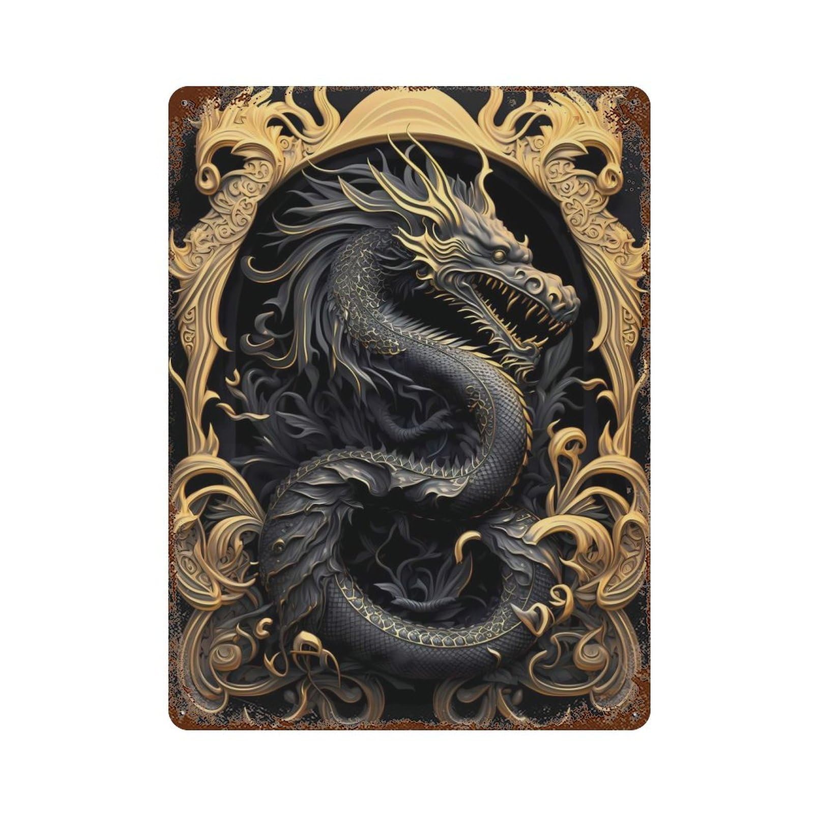 Rust Effect Golden Dragon Lord Art Rustic Tin Plaque 15.7"x11.8", Industrial Home Decor for Bistro, Counter And Cafe Decor