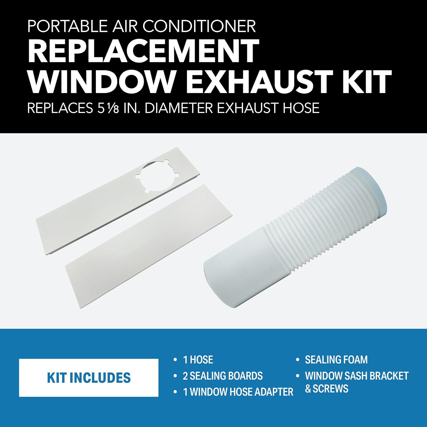 Portable AC Window Vent Kit – 5.13" Hose, Adapter & Sealing Board for Single/Double-Hung or Sliding Windows