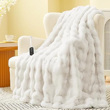 Amelie Home Heated Bubble Faux Fur Blanket Electric - 50"x60" Heating Blanket Throw 2/4/6/8 Hours Auto-Off 8 Heat Level Over-Heat Protection Electric ETL Certification Beige/Off White