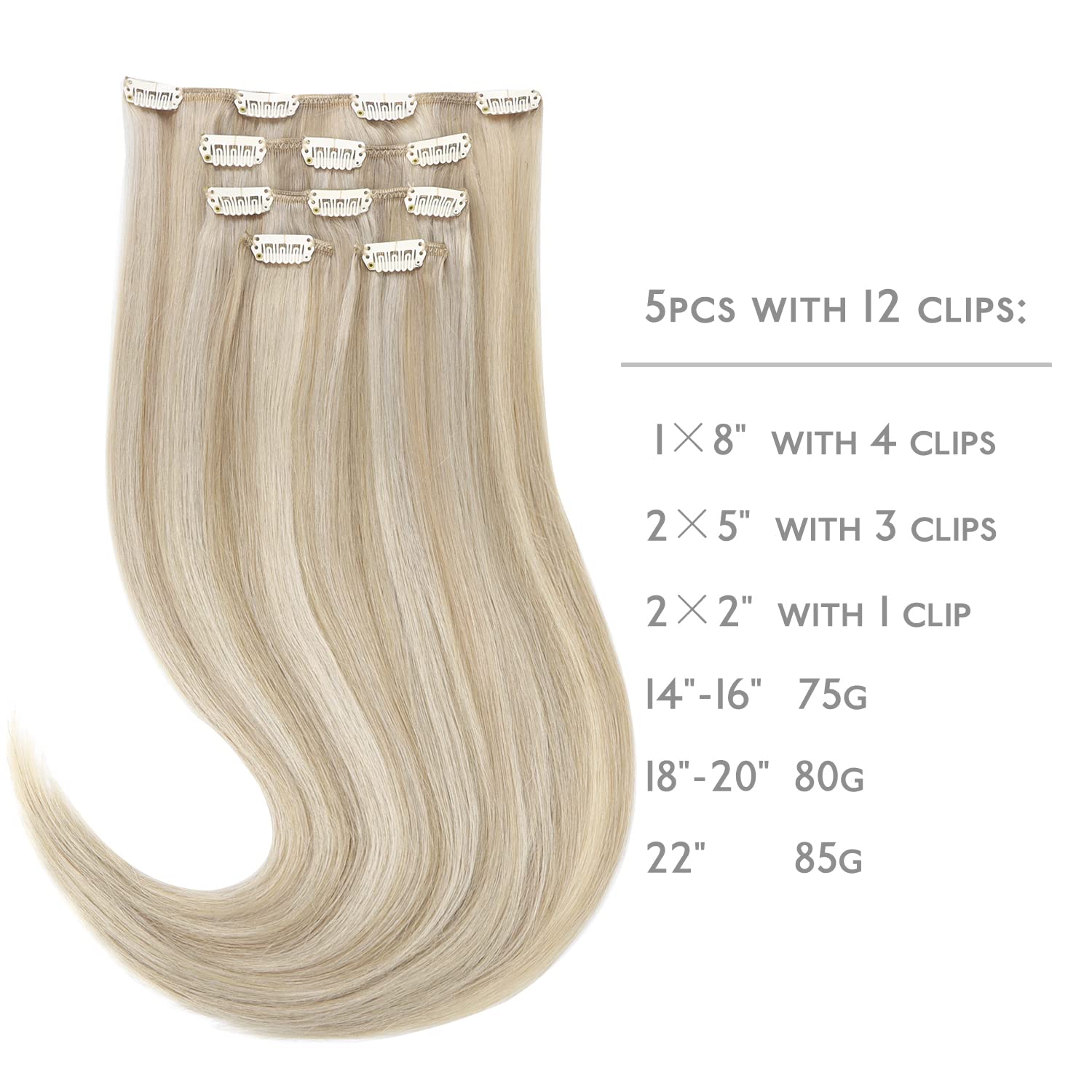 WENNALIFE Przedłużenia z naturalnych włosów z klipsem, włosy ludzkie Remy, 35 cm, 75 g, 5 szt., popielaty blond i platynowy blond