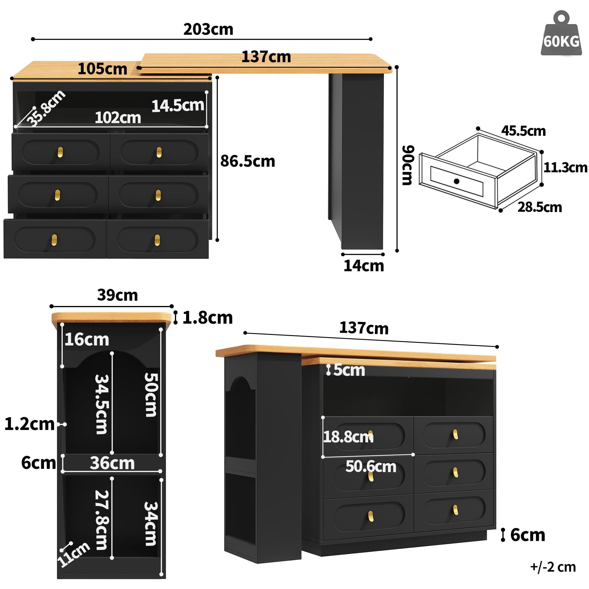 Tavolo da bar allungabile 90 x 140 cm, girevole a 360° e spazio di archiviazione, moderno tavolo da bar con cassetti, colore nero