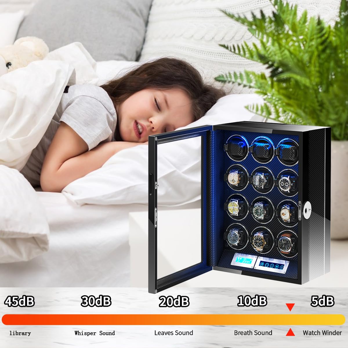 Uhrenbeweger 12 Automatikuhren, ultra-leise japanische Motoren, integrierte LED-Beleuchtung und LCD-Touchscreen-Steuerung