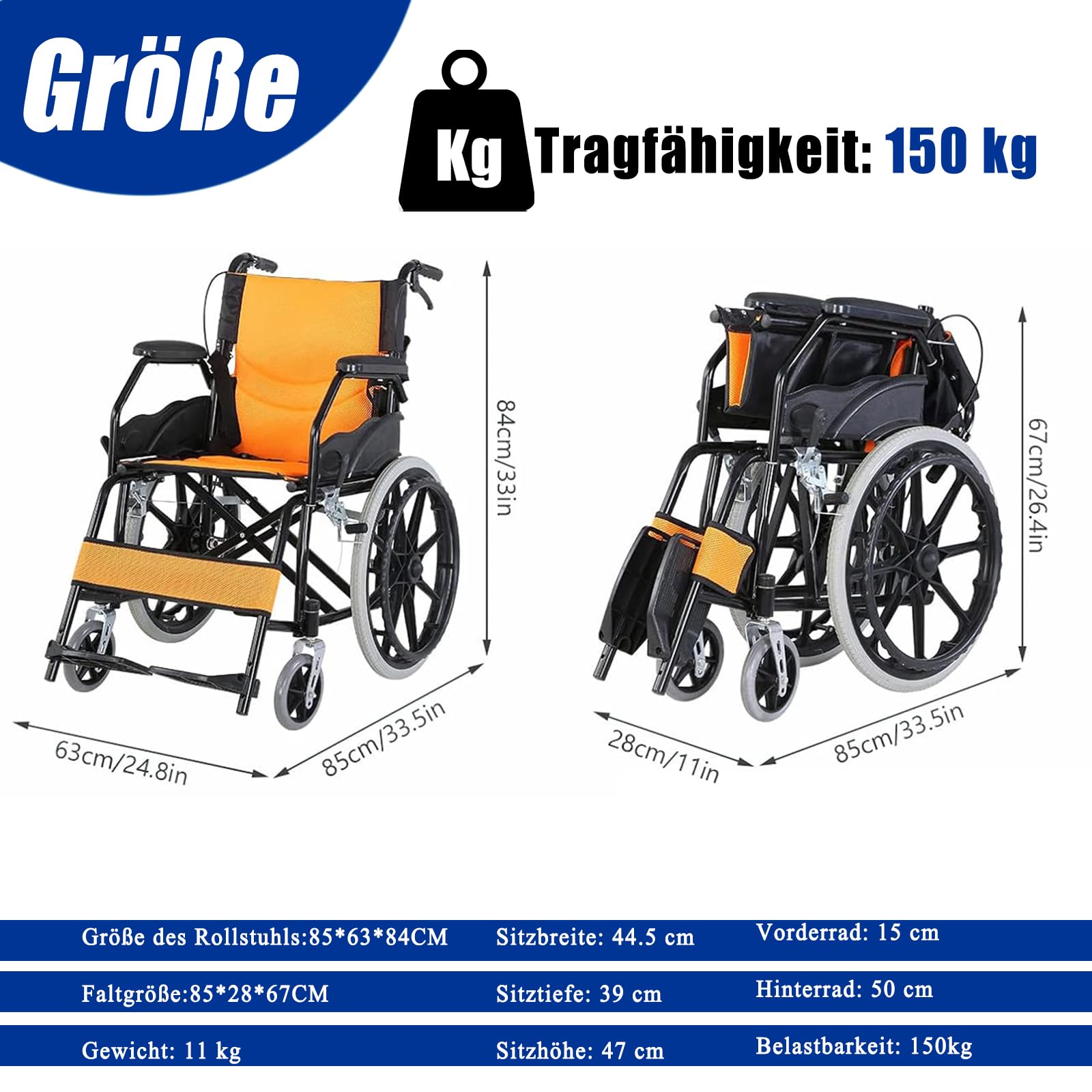Rollstuhl faltbar leicht, Belastbarkeit 150 kg, Leicht Faltbar Rollstuhl mit Trommelbremse, Leichtgewicht Schmal Rollstühle mit Selbstantrieb, Reiserollstuhl, Sitzbreite 44.5 cm,Schwarz