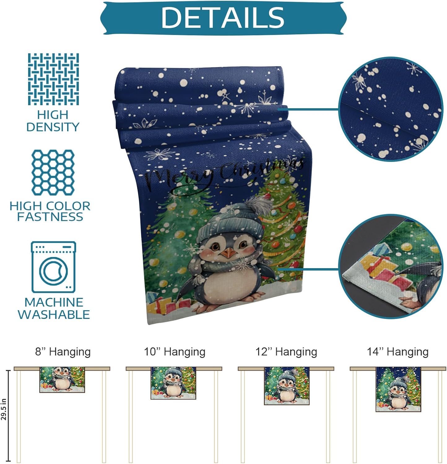 Christmas Table Runner 13x120 Inches Long Penguin Christmas Tree Runner for Table Snowflake Blue Table Runners Washable Cotton Linen Dresser Scarf for Kitchen Coffee Dining Xmas Holiday Party Decor