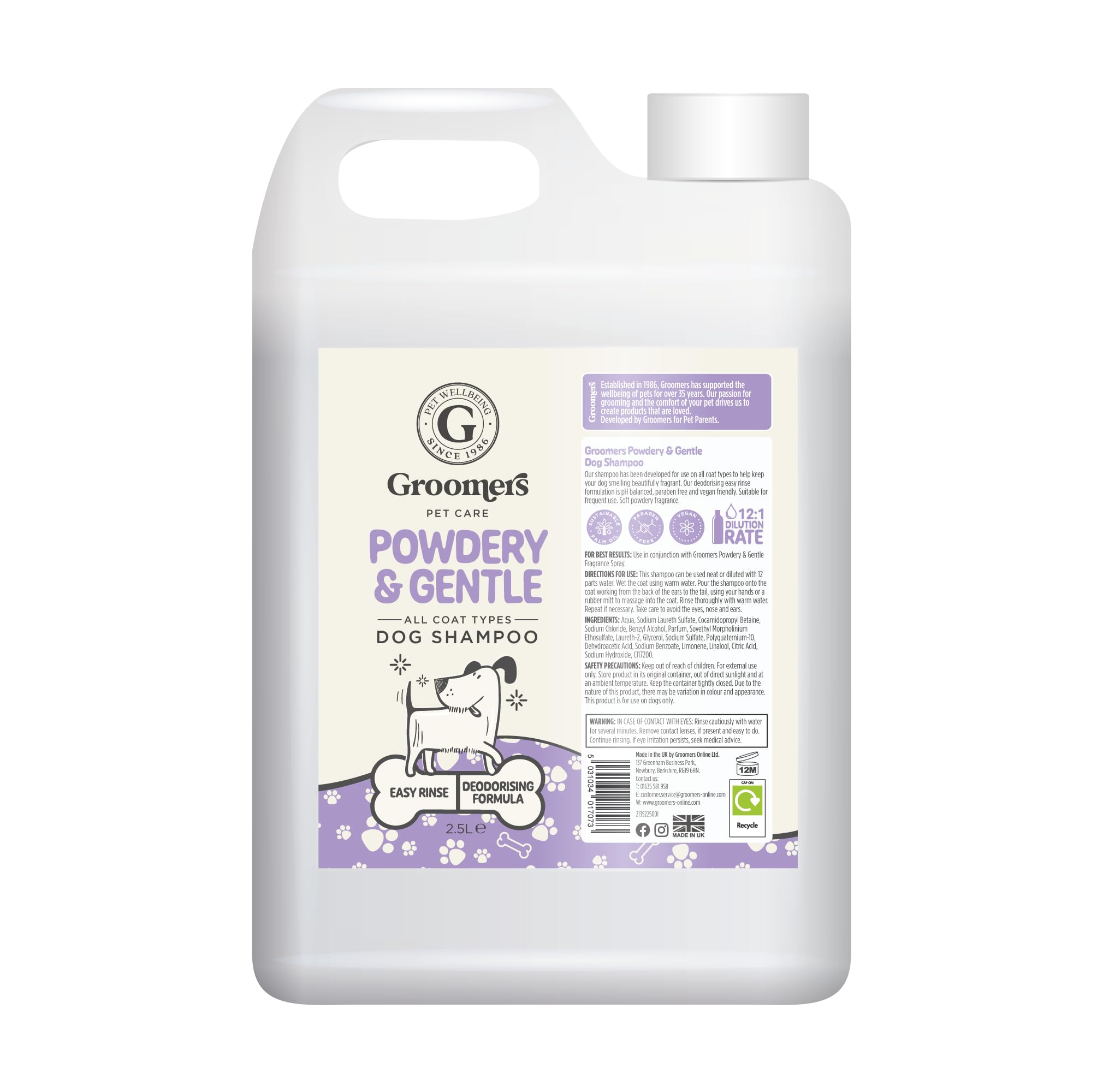 Groomers Professional Dog Shampoo Powdery and Gentle 2.5L - pH Balanced and Paraben-Free - Quick Wash & Easy Rinse - Gentle Formula Suitable For Any Coat Type - Vegan-Friendly - Made in the UK