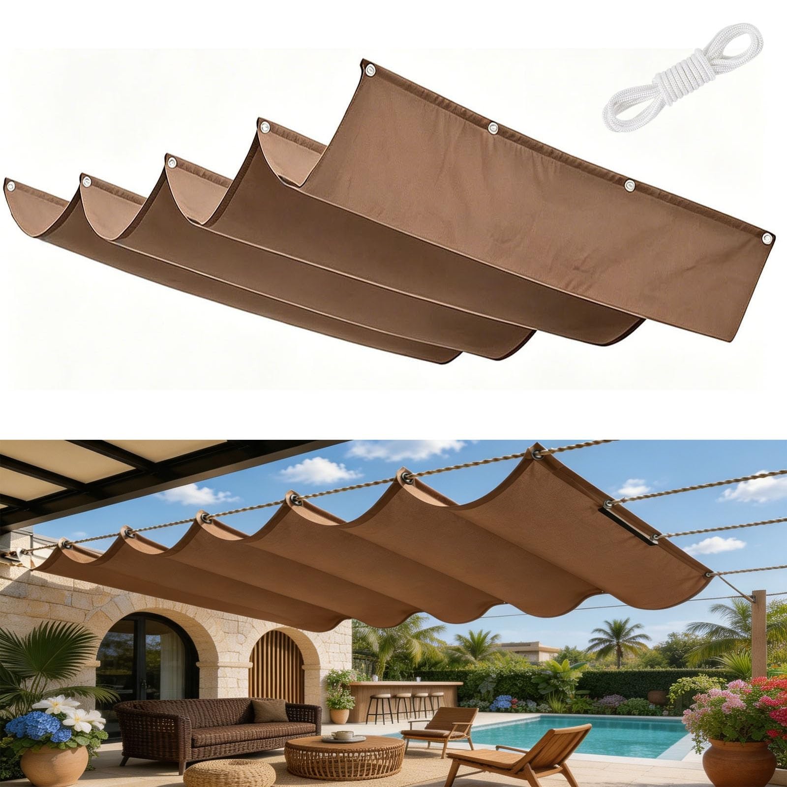 Rétractable Vague Voile-D'Ombrage 2.1 x 9 m Protection UV 98% PES Résistant à l'eau Durable Résistant et Respirant Toile Ombrage Exterieur pour Patio Jardin Terrasse, Brun