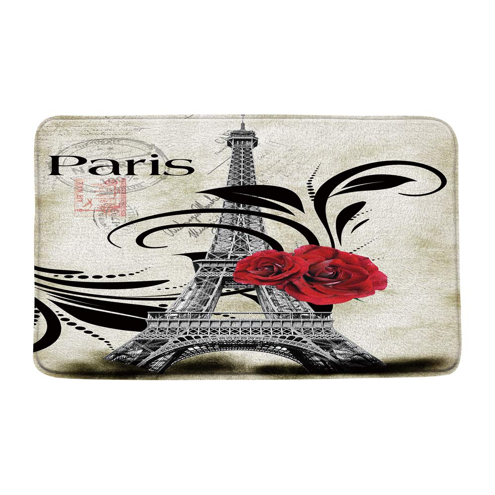 Paris Eiffel Tower Bath Mat,Vintage Red Rose Stamp Floral Bathroom Rug Shower Floor Carpet,Eiffel Tower Romantic Bath Rug,Absorbent Doormat Bedroom Rug Kitchen Toilet Floor,17.7"x 29.5"