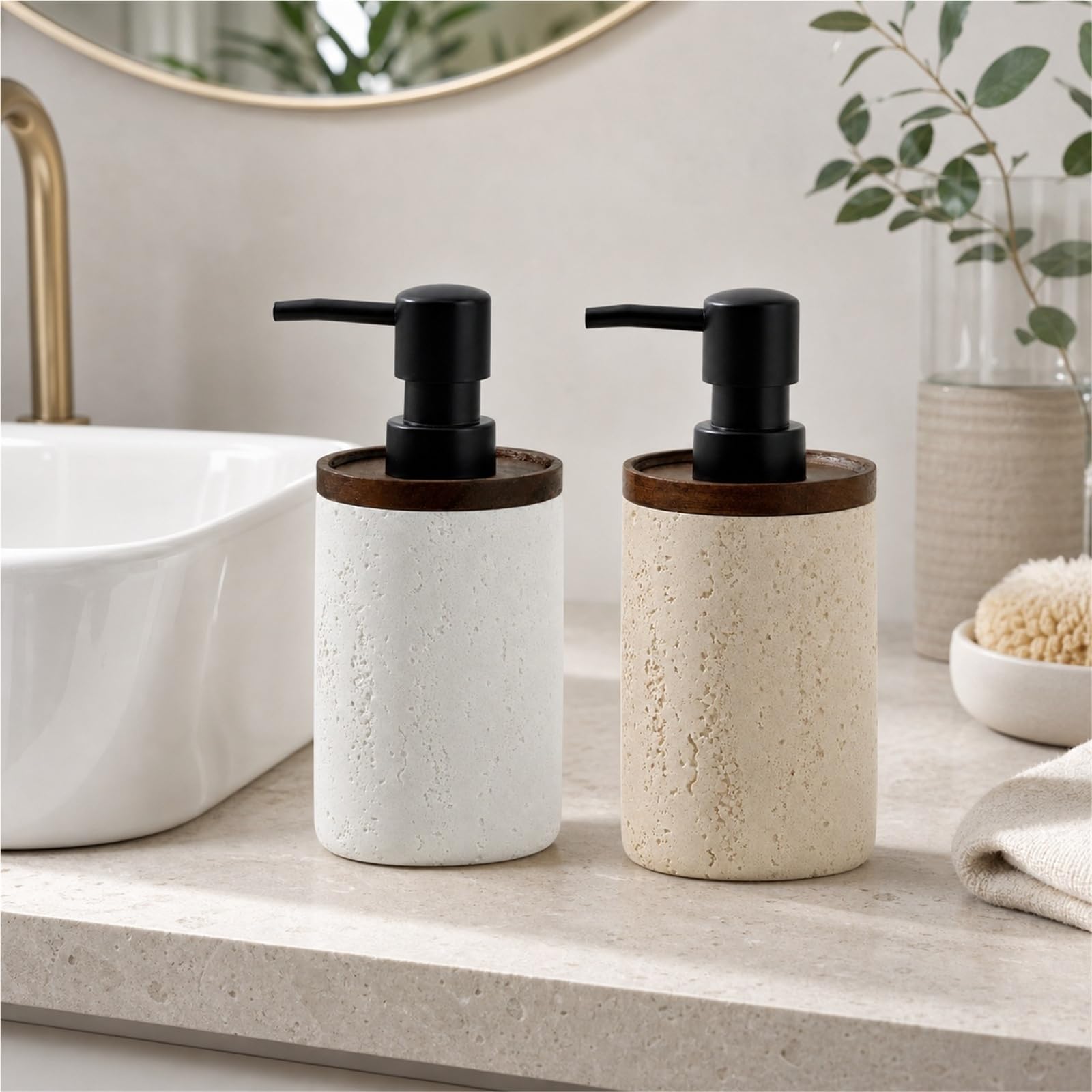 Dispenser Sapone In Arenaria Con Effetto Noce E Pompa A Pressione | Flacone Ricaricabile Effetto Pietra, Pompa Per Sapone, Lozione, Shampoo, Bagnoschiuma E Detersivo Piatti(White)