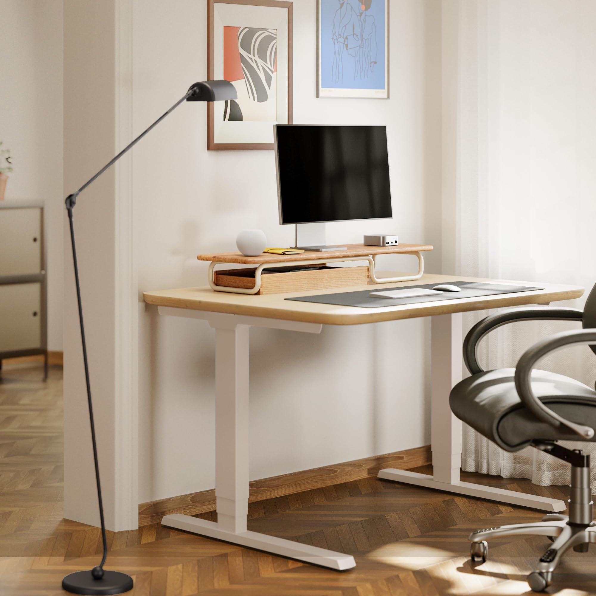Fenge Monitorständer, 95cm, Massiv-Eiche & Metall, für Laptop PC TV, Eiche