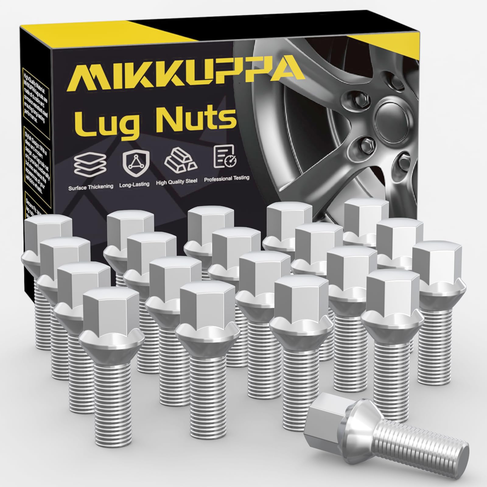 20 Stück MIKKUPPA Radschrauben Radbolzen M14x1,5 - Schaftlänge: 28mm,Kegelbund 60°,Schlüsselweite: 17mm (Chrome Silber)