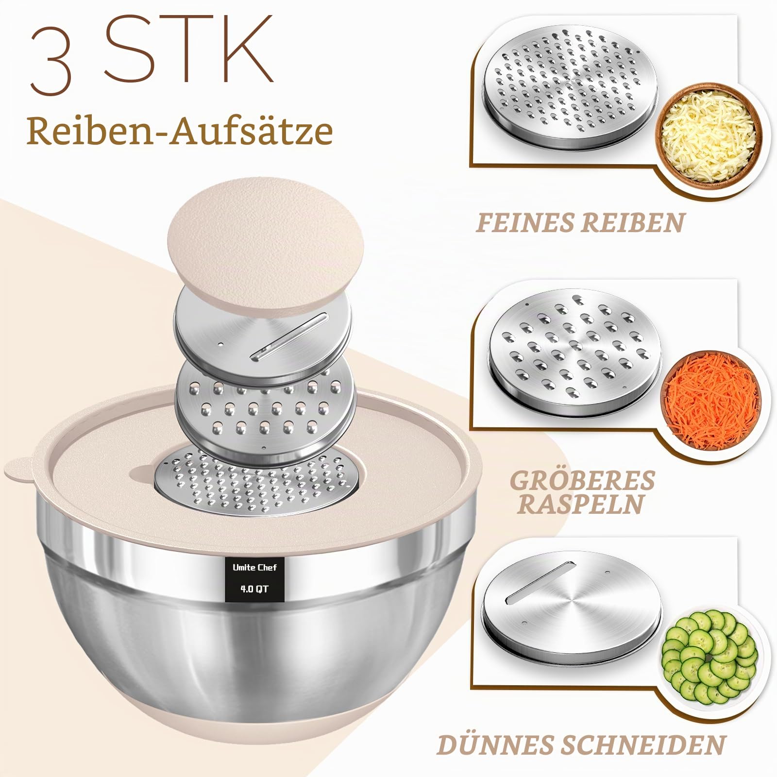 Umite Chef Rührschüsseln mit luftdichtem Deckel, 8 Stück, Edelstahl, Khaki, Nistschalen mit Reibeaufsätzen, Küchenschüsseln mit rutschfester Unterseite, Größe 5, 4, 3,5, 2, 1,5 l zum Mischen und