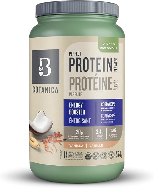 Botanica Perfect Protein Booster d'énergie élevée, poudre de protéines polyvalente avec support musculaire & Source d'énergie, réparation et récupération des muscles, énergie, complexe B, Panax Ginseng, Cordyceps, athlètes, supplément d'exercice, poudre de protéines de vanille, biologique, P