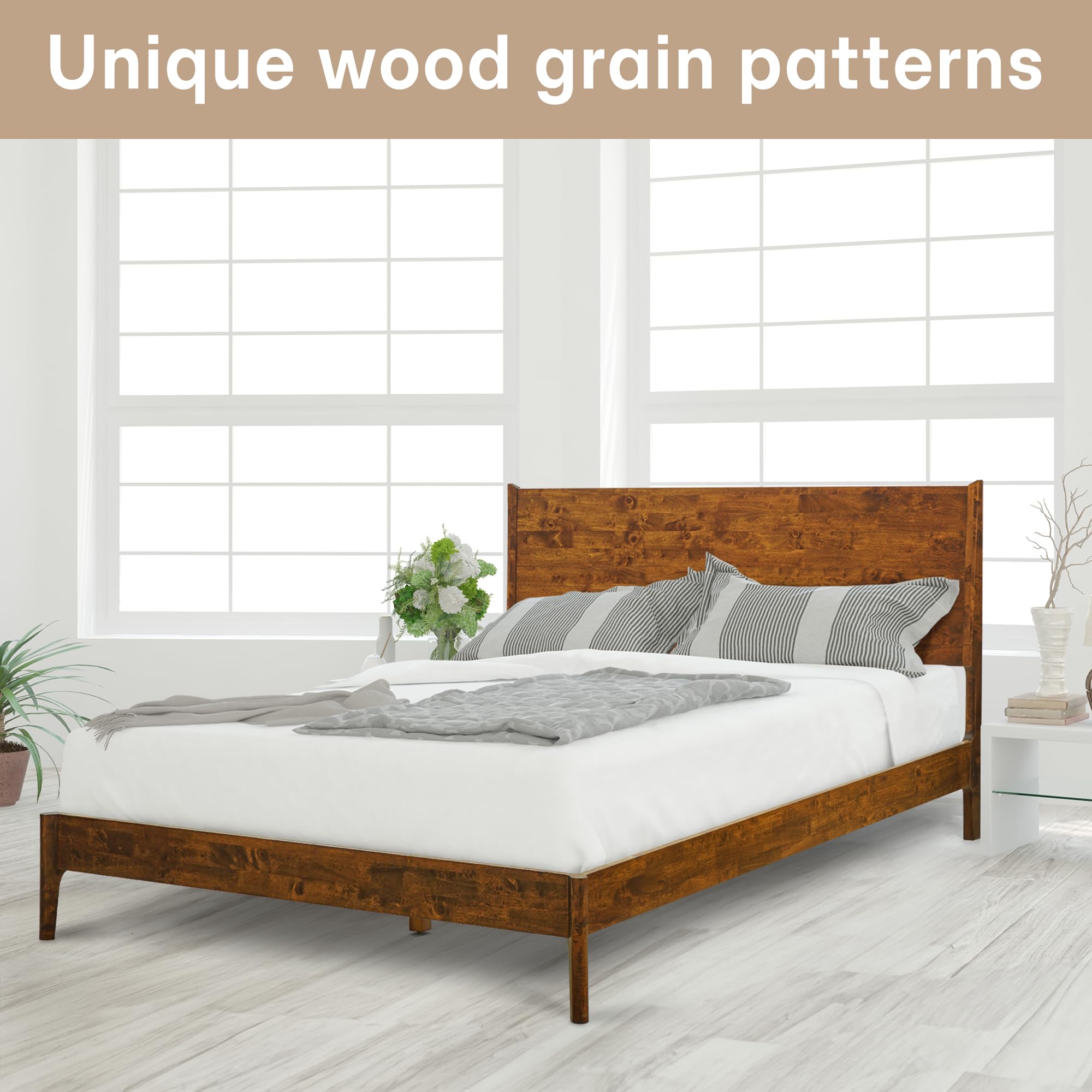 Acacia Haven Bed Frame with Headboard Solid Wood Platform Bed, 800 lbs Capacity Signature High Headboard Wood Bed Compatible with All Mattress Types, 30 Mins Assembly, Bed Frame Queen Size, Walnut