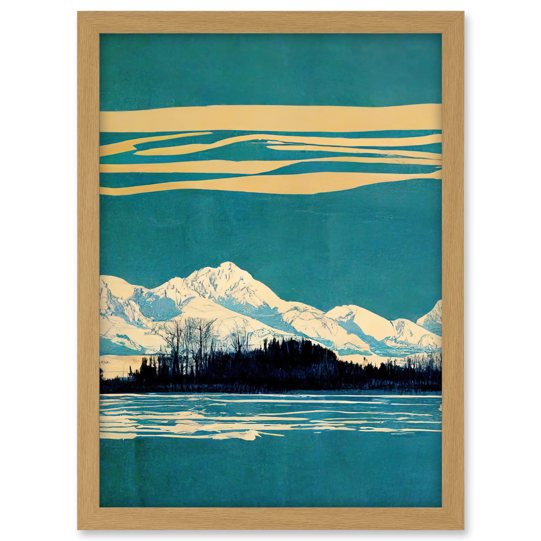 Wee Blue Coo Winter Lakeside Landscape With Snowy Mountains Duotone Teal Artwork Framed A3 Wall Art Print