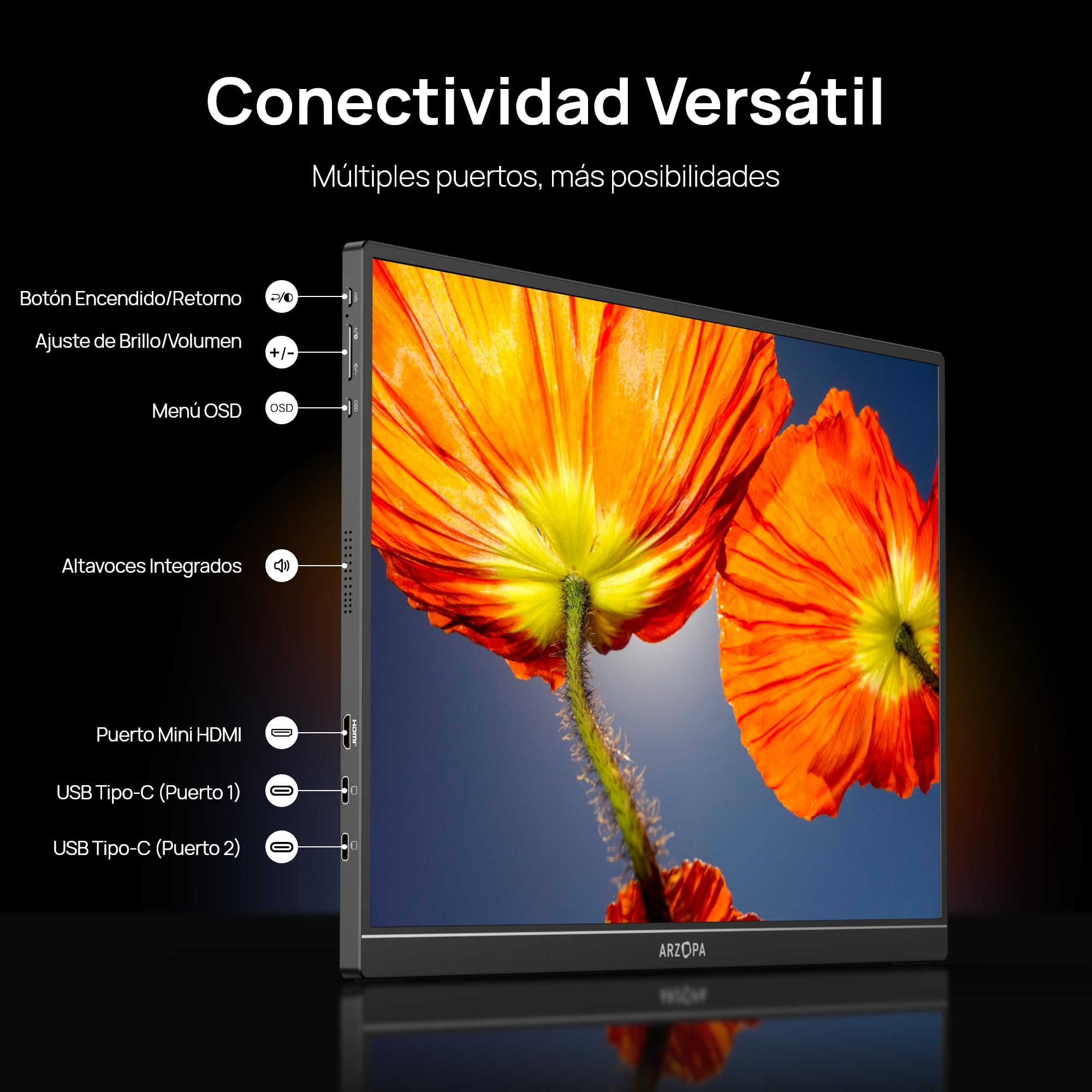 ARZOPA 16.0" 2.5k Monitor Portátil, Pantalla Portatil HDR 2560x1600, 8bit QHD, Monitor Portátil USB-C HDMI para Portátil, 16:10 IPS, Soporte Unipolar para Mac PC PS4/5 Xbox Switch Z1RC — view 9