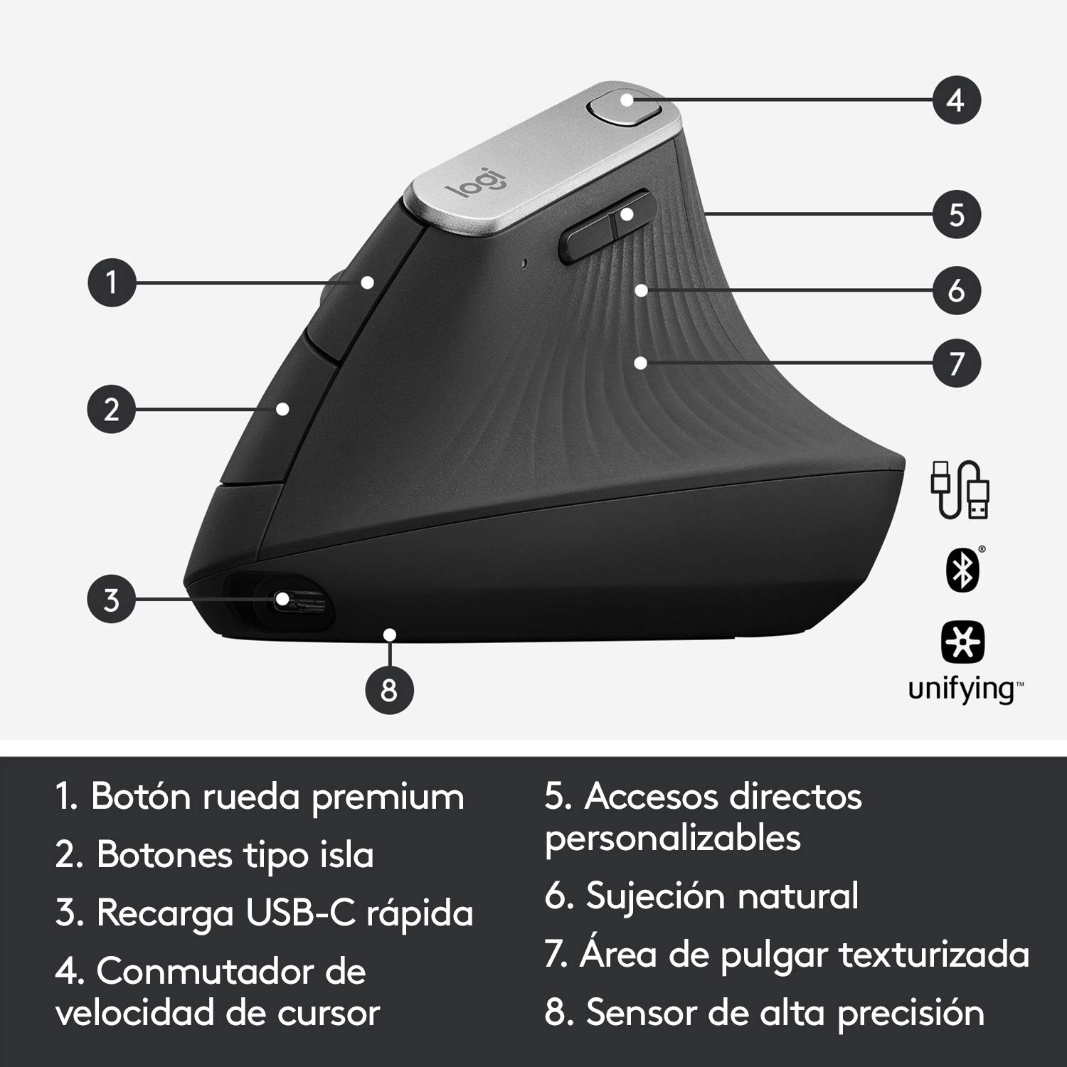 Logitech MX Vertical Ratón Inalámbrico Ergonómico, Multi-Ordenador, 2,4 GHz/Bluetooth con Receptor Unifying USB, Seguimiento Óptico 4000 dpi, 4 Botones, Carga Rápida, Portátil/PC/Mac/iPad OS - Gris