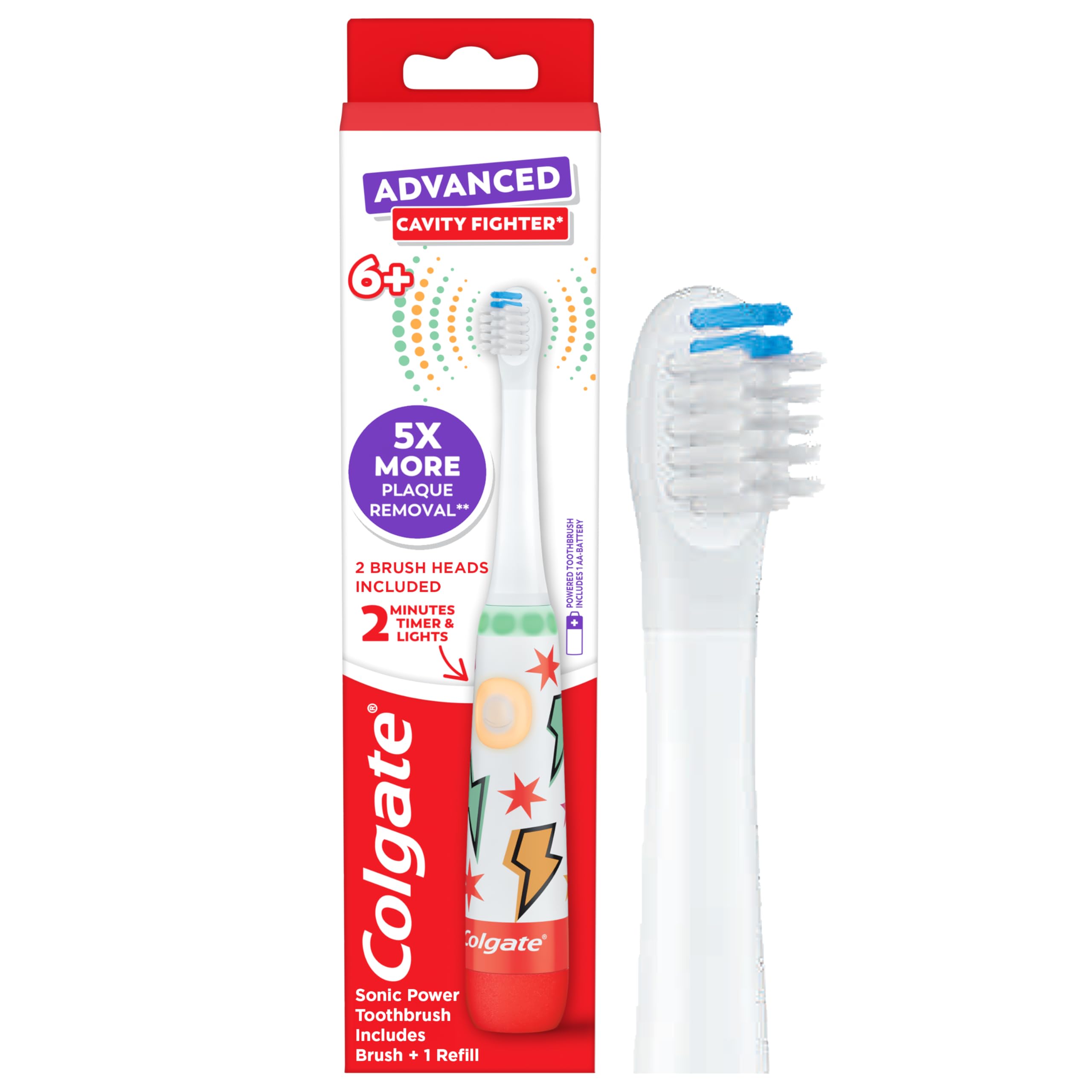 Colgate Advanced Cavity Fighter Kids Battery Toothbrush, Includes AA Battery and Extra Toothbrush Head, Features Built-in Timer and 2 Brushing Modes,