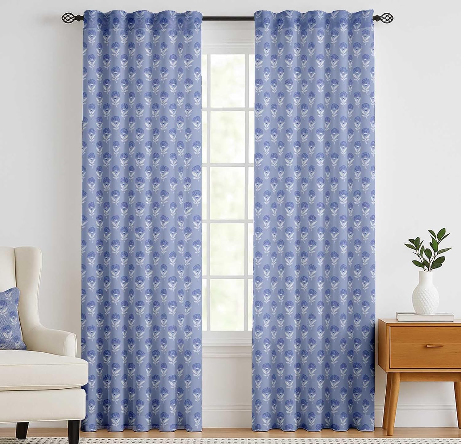 Cotton Curtains for Windows - 3-in-1 Rod Pocket/Back Tab Short Window Drapes - Light Filtering Cotton Canvas Panels - Set of 2, 52"x63" - Block Print (Blue)