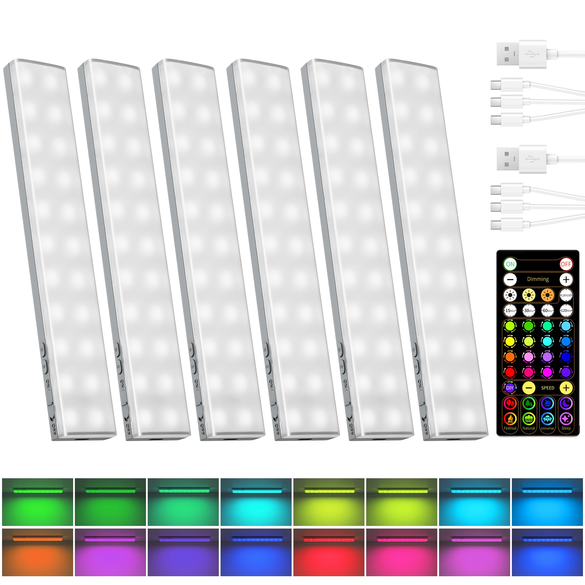 Photo 1 of EZVALO 80RGB Color Changing Under Cabinet Lighting Wireless, 1800mAh Rechargeable Led Strip Shelf Lights, Timer & Dimmable Bar Light with Remote for Kitchen, Bedroom, Display Case, Car, 6Pack