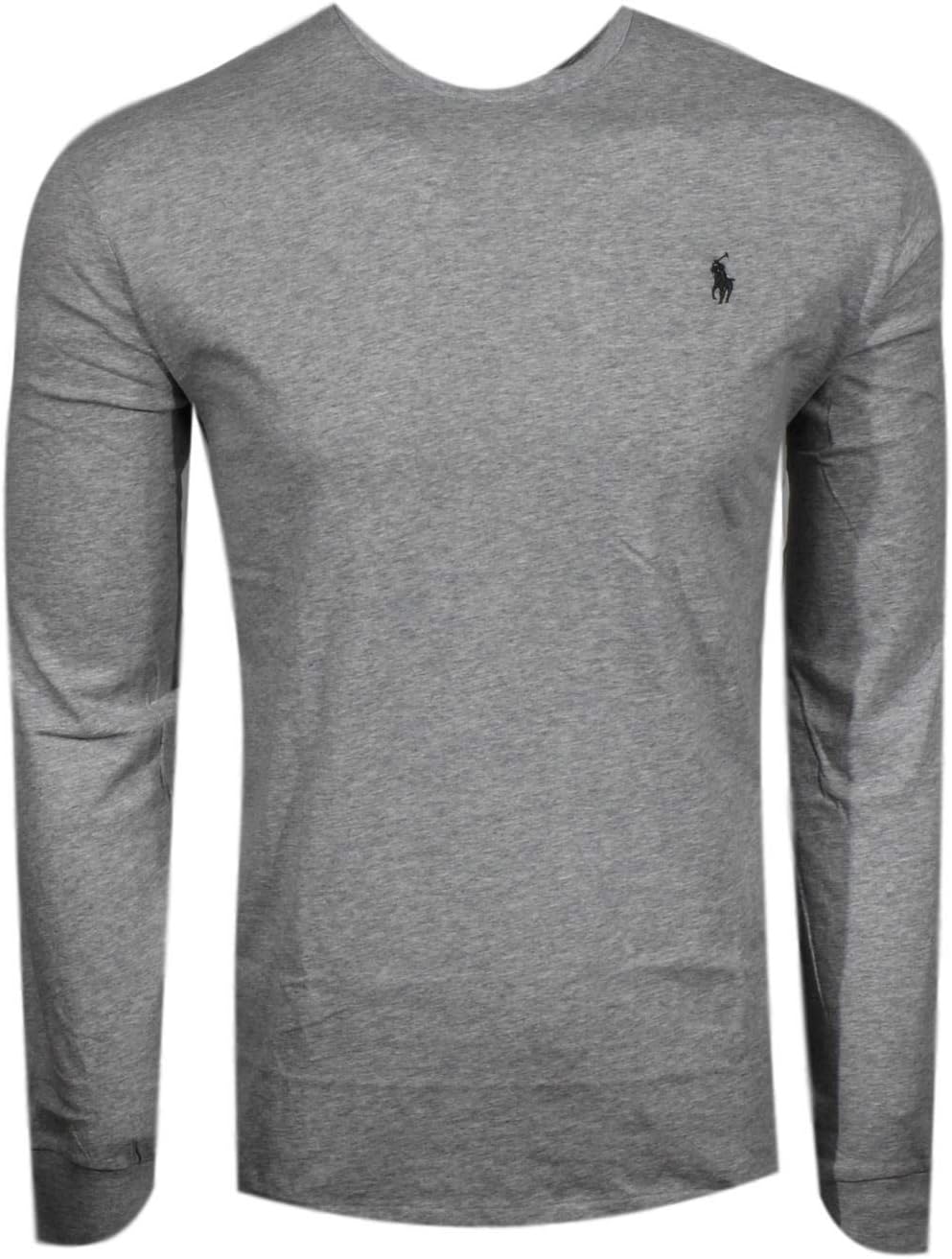 POLO RALPH LAUREN Crew Neck Long Sleeve T-Shirt (Small, Grey Heather (Dark Green Pony))